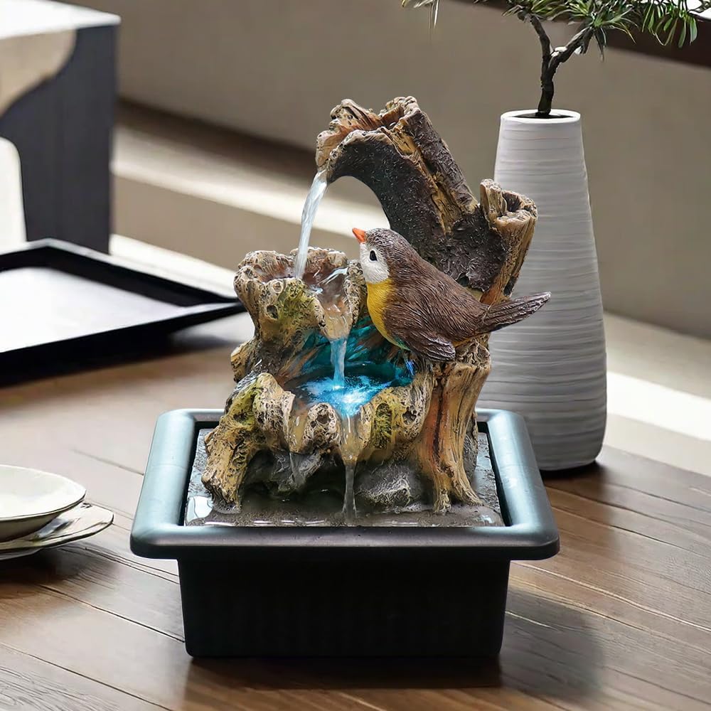Rock Cascading Tabletop Water Fountain with LED Light Yellow Bird