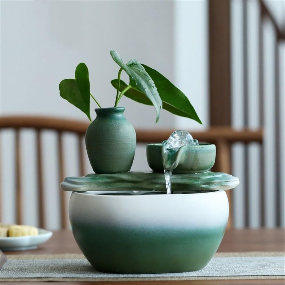 Green Tabletop Water Fountain for Home or Office Decor