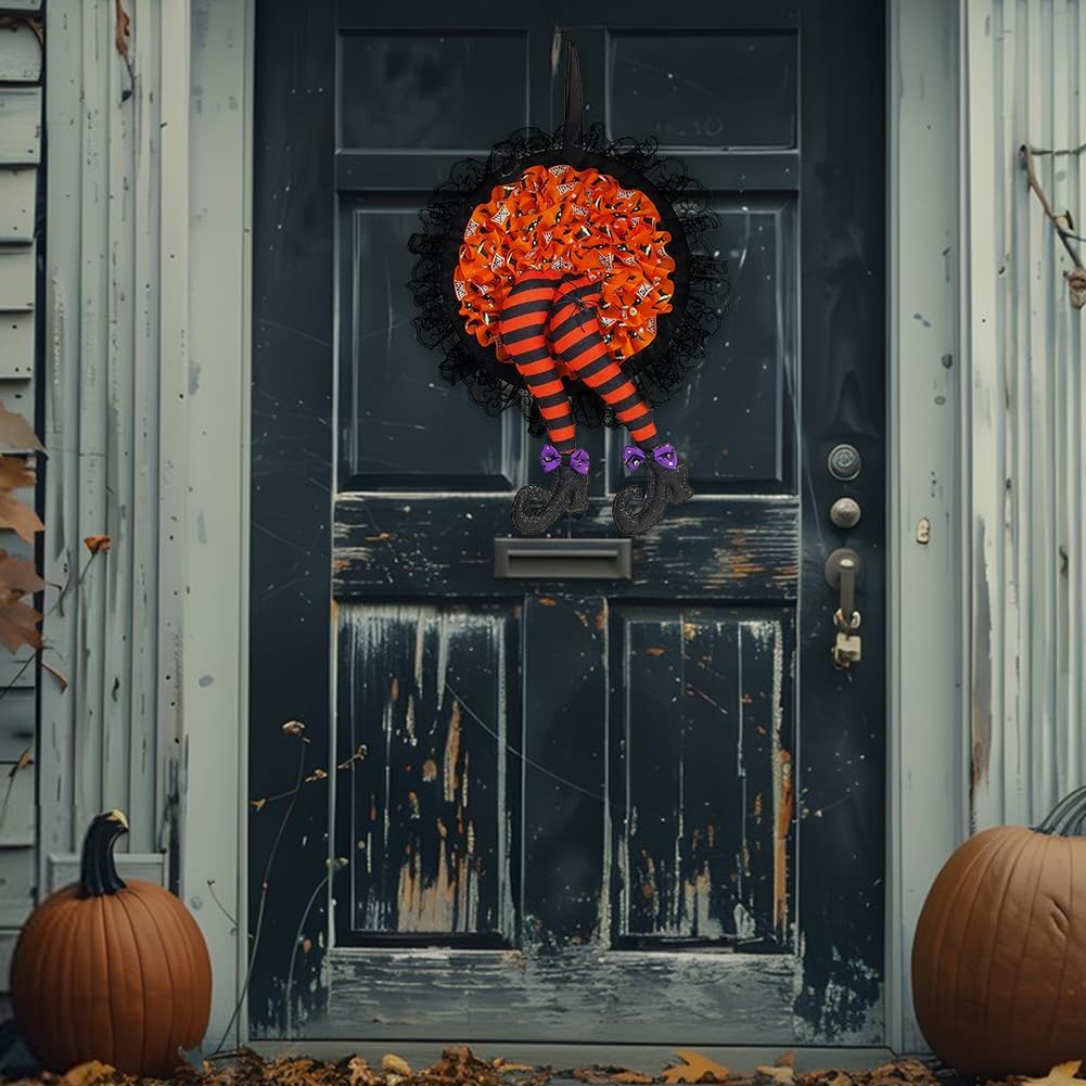 Halloween Witch Leg Wreath Front Door Decor