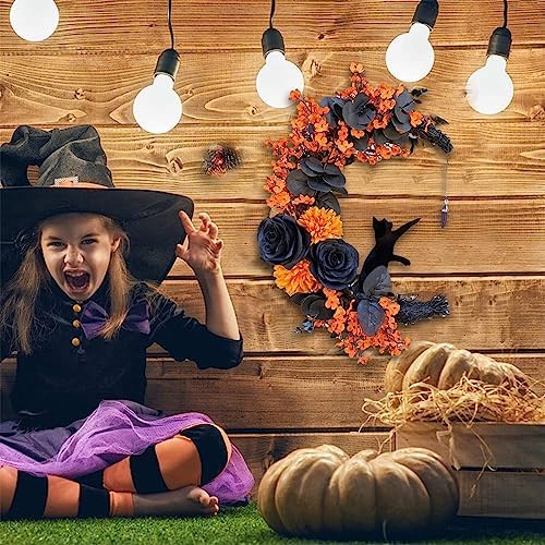 Halloween Wreath with Black Cat and Crescent Moon Design