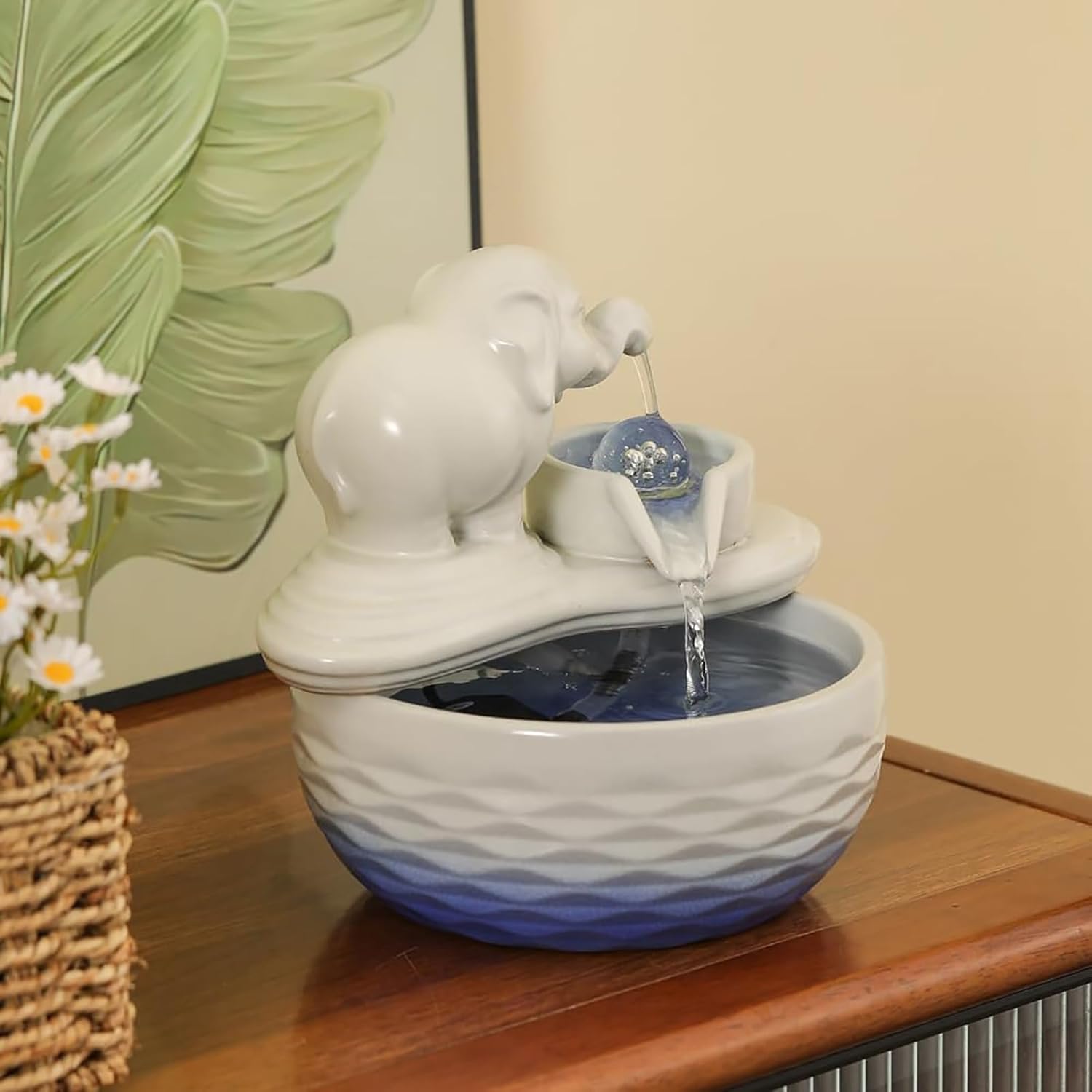 Ceramic Elephant Tabletop Fountain Silent Indoor Waterfall for Office and Home Decor White