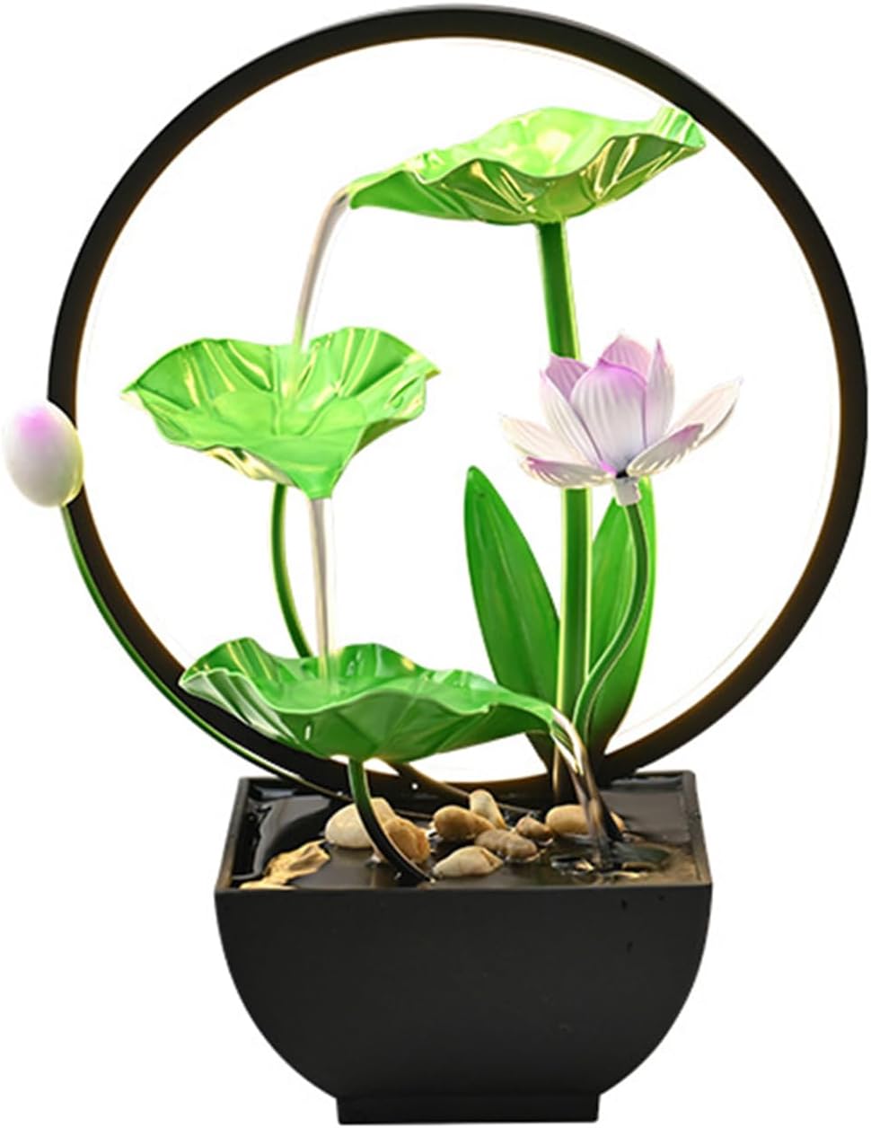 Tabletop Fountain with Light Ring and Lotus Design