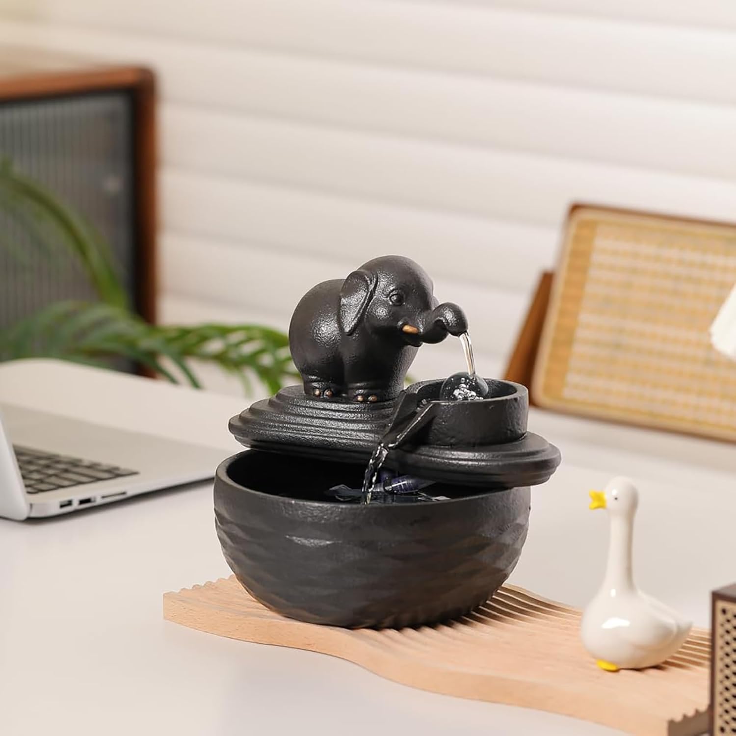 Ceramic Elephant Tabletop Fountain Silent Indoor Waterfall for Office and Home Decor White