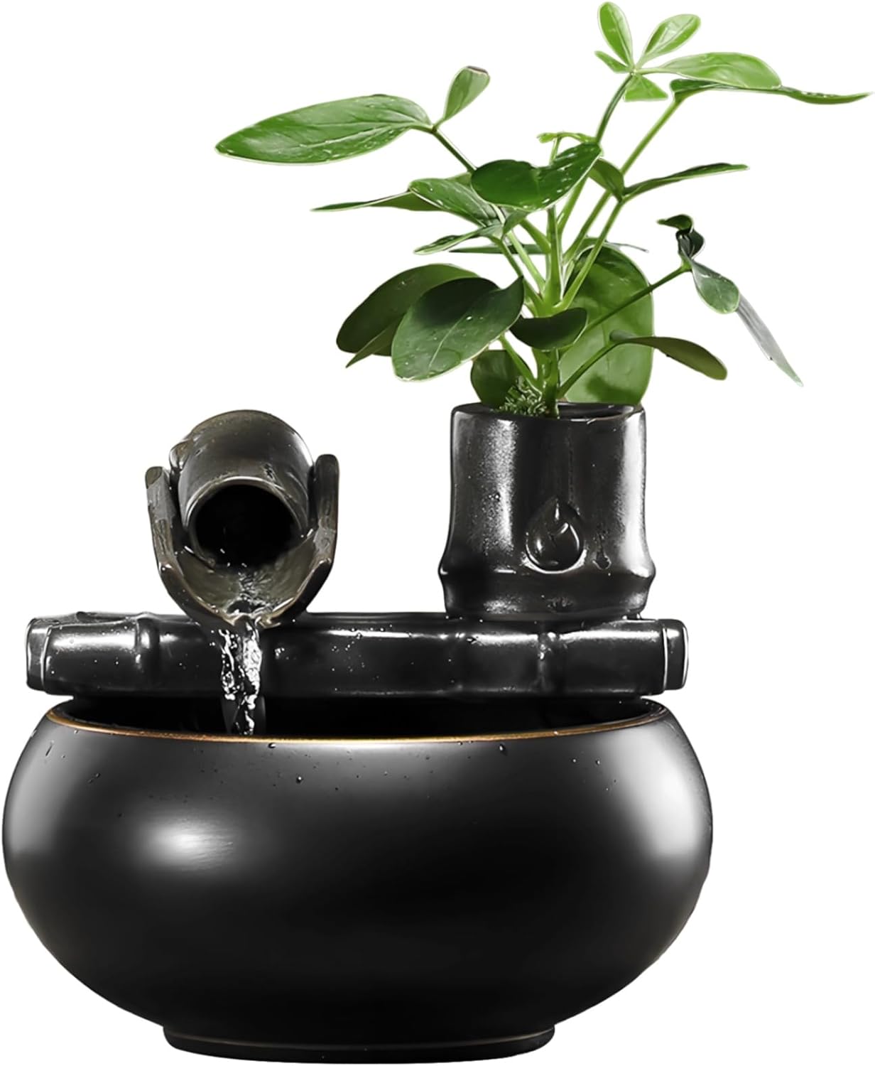 Ceramic Tabletop Fountain with Bamboo Water Feature Black Gloss