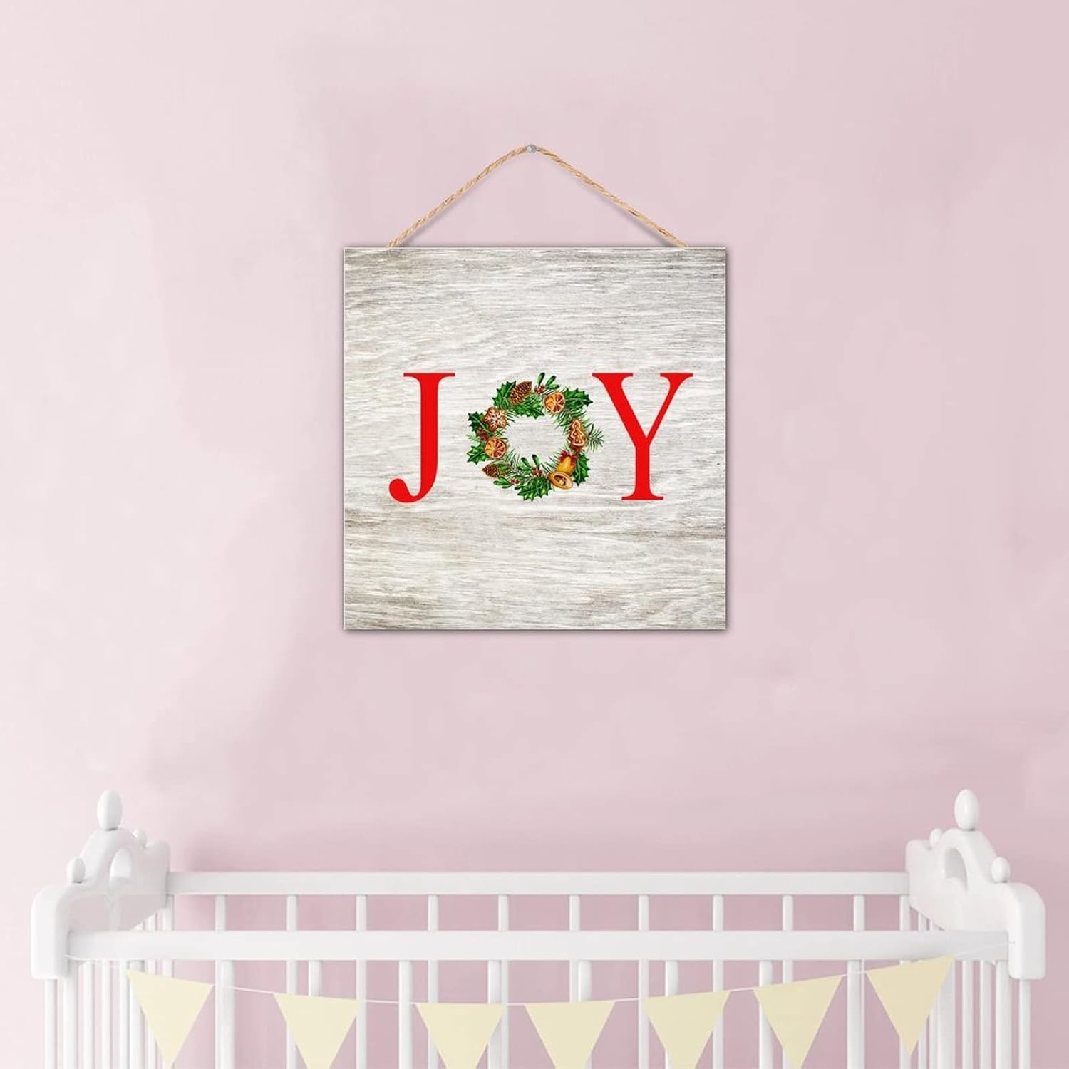 CustonCares Joy Christmas Flowers Wreath Wooden Sign