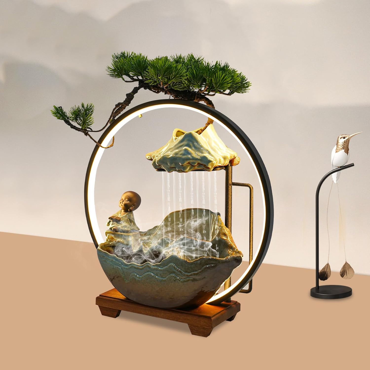 Cute Monk Statue Waterfall Humidifier with LED Light and Atomizer Mist