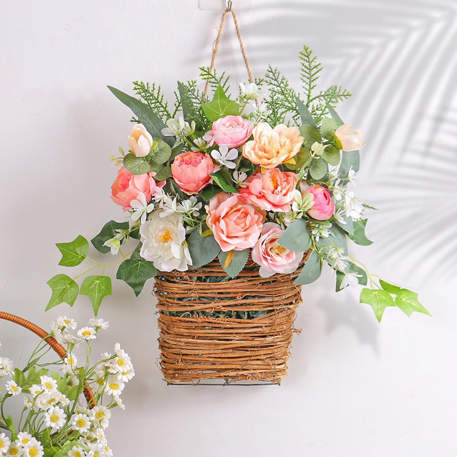 Colorful Peonies Rattan Hanging Wreath for Front Door