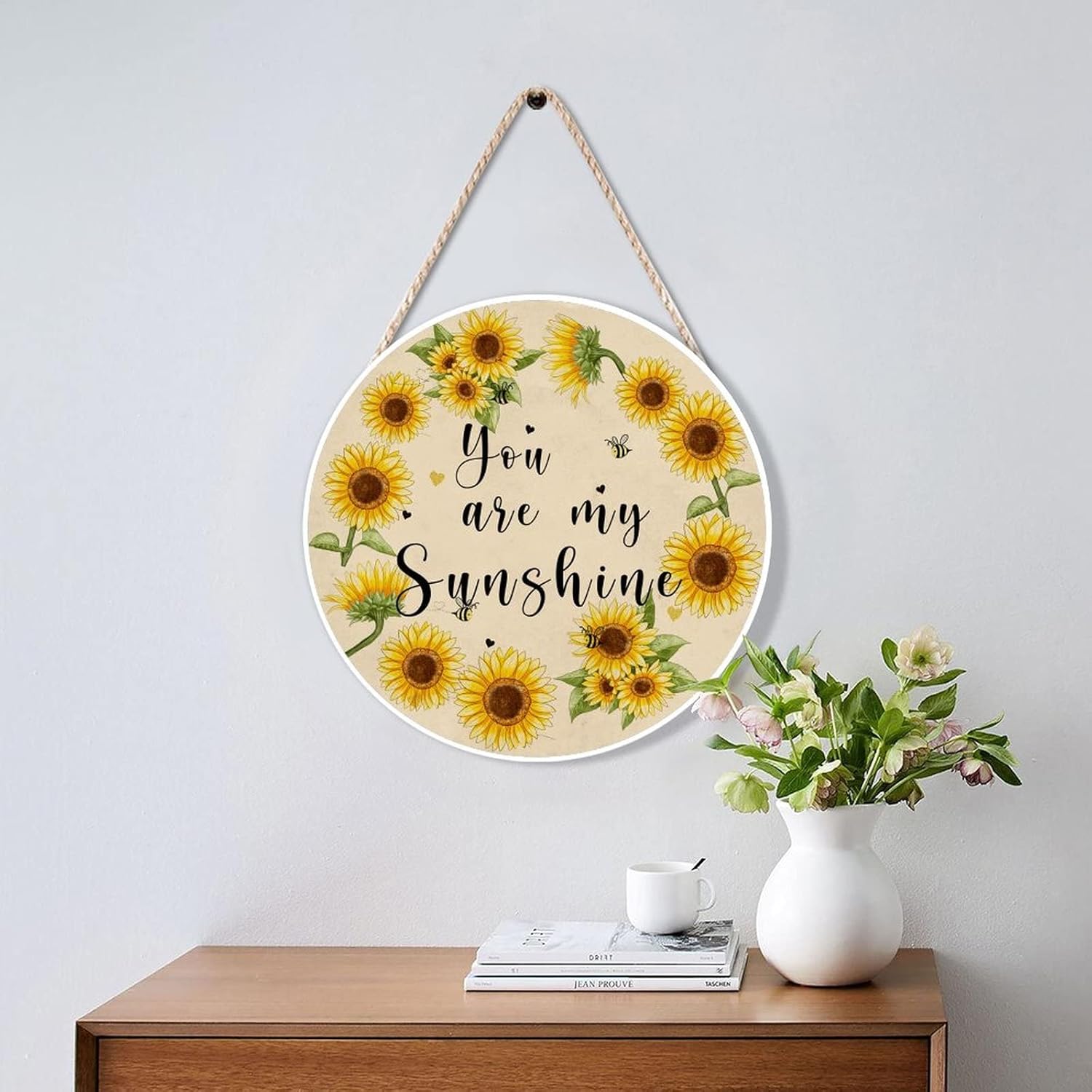 Farmhouse Front Door Hanger Sunflower Wreath Bee Wood Sign for Kids Girls Women 10x10in