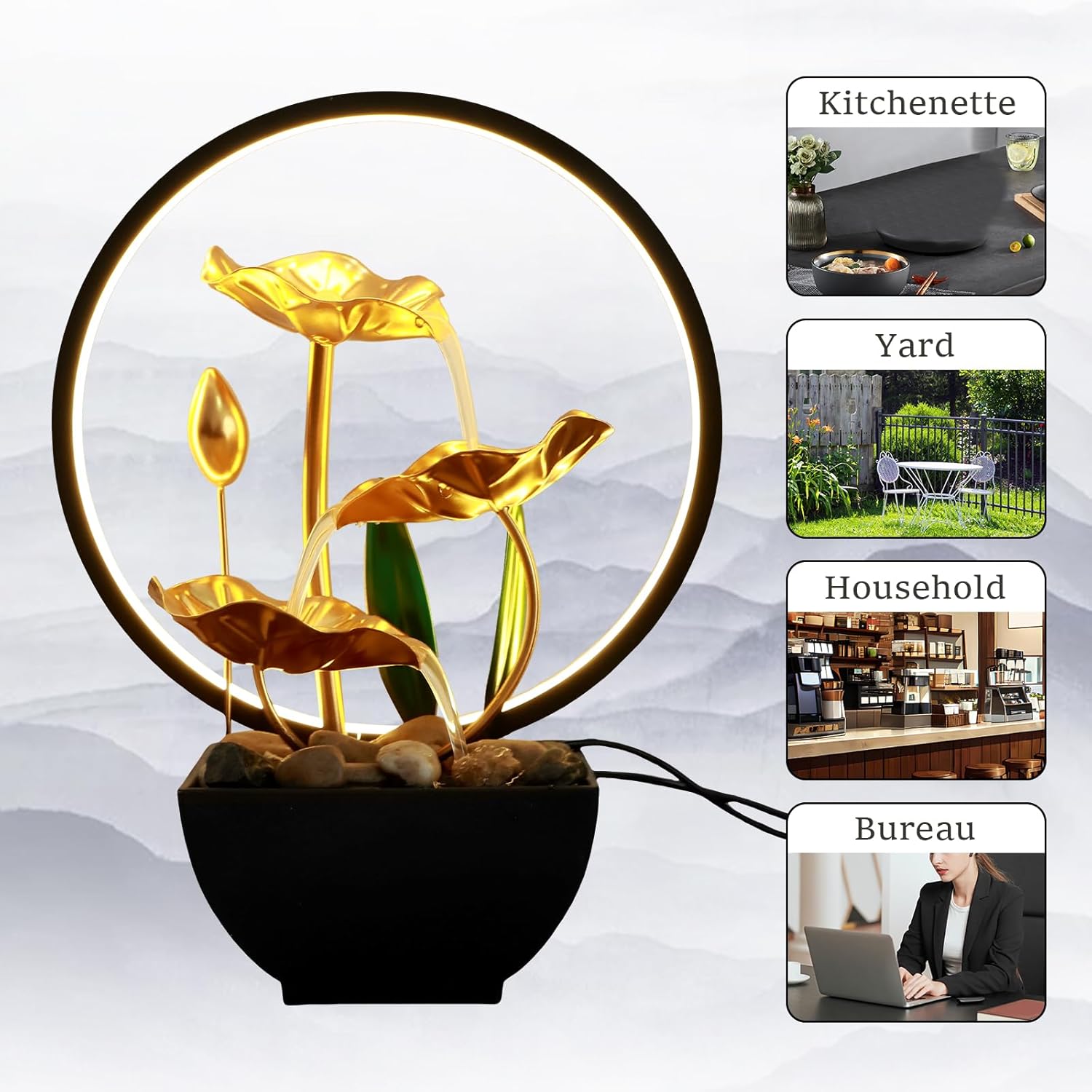 USB Powered Tabletop Water Fountain with LED Lights and Natural Rocks