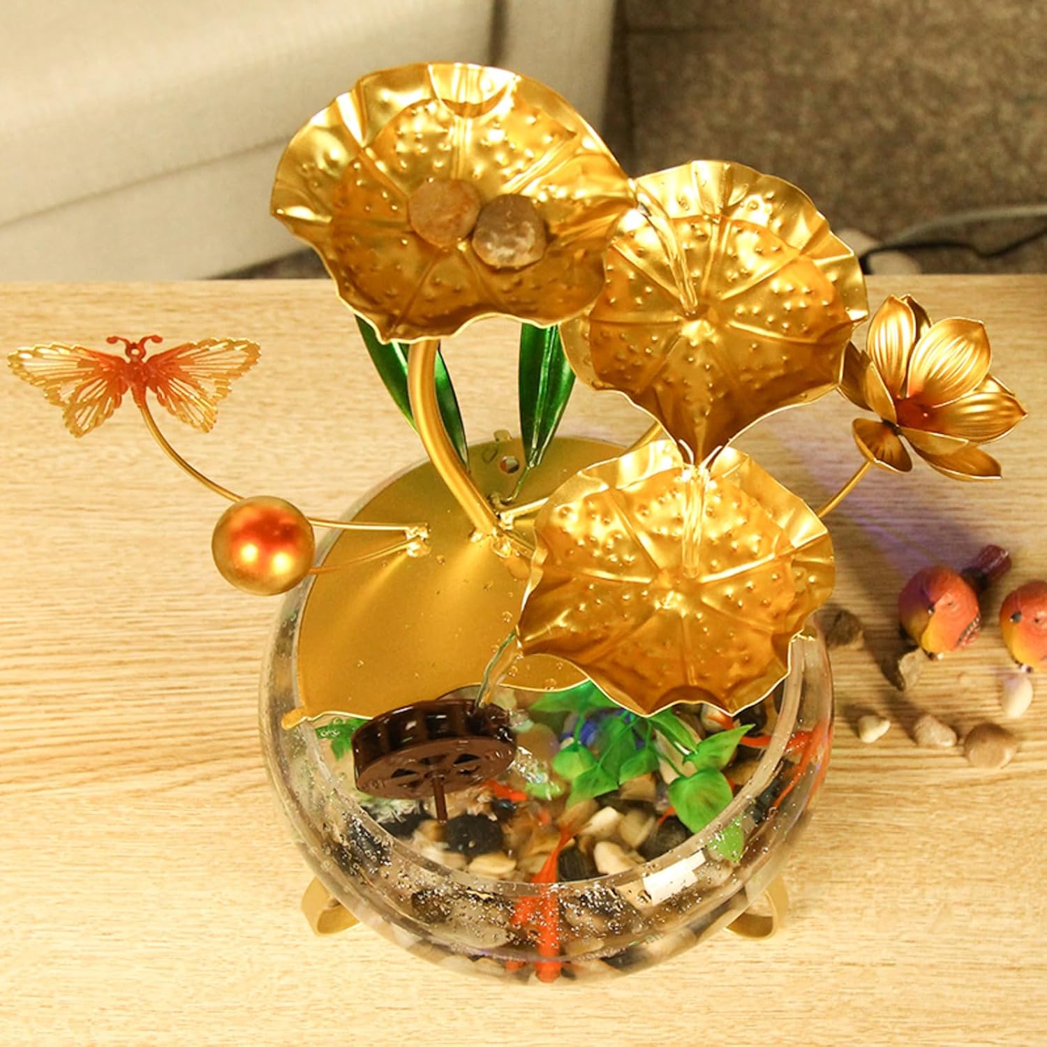 Modern Lotus Leaf Tabletop Fountain with LED Light and Butterfly Design