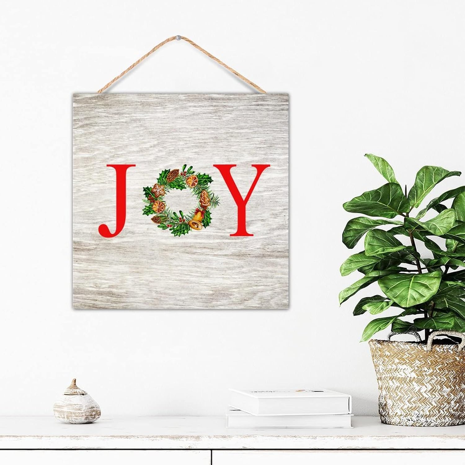 CustonCares Joy Christmas Flowers Wreath Wooden Sign