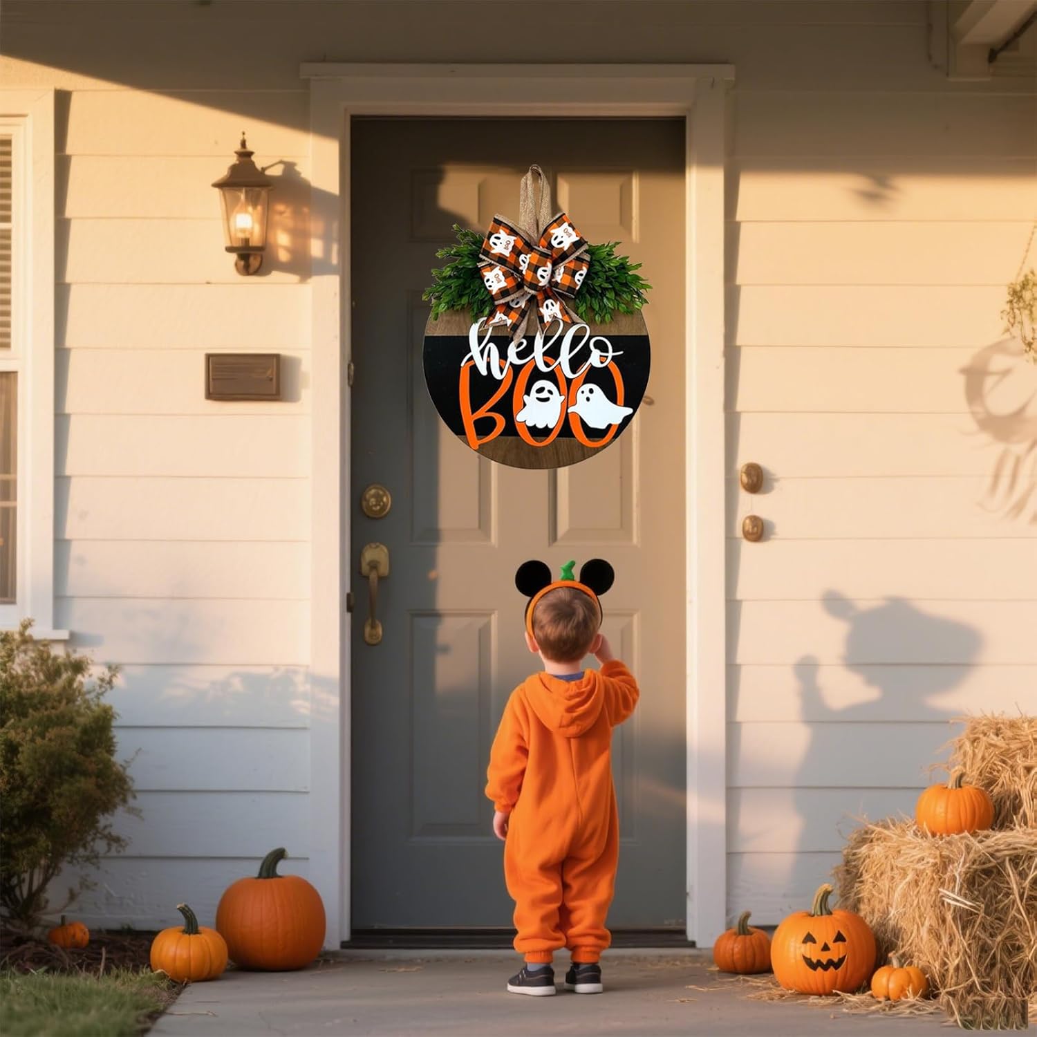 Cute Halloween Ghost Door Wreath Sign Wooden Welcome Decor for Front Door