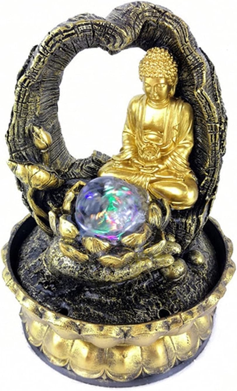 Golden Lotus Buddha Desktop Water Fountain with Glowing Ball