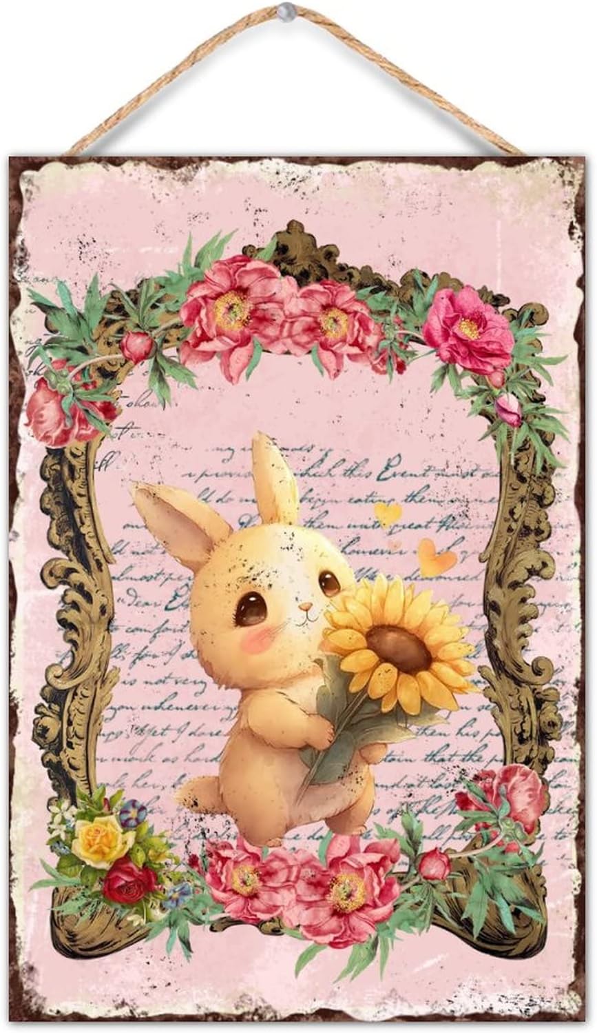 Welcome Easter Bunny Rabbit Door Sign Vintage Floral Wreath Wood Decor