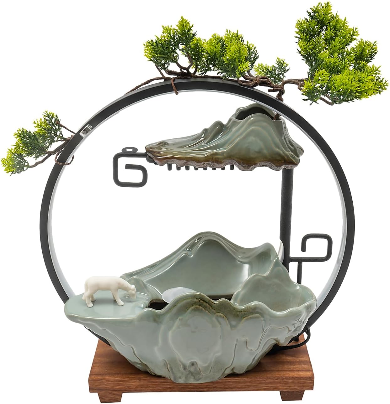 PROYONGOO Indoor Waterfall Fountain with LED Light and Artificial Plant