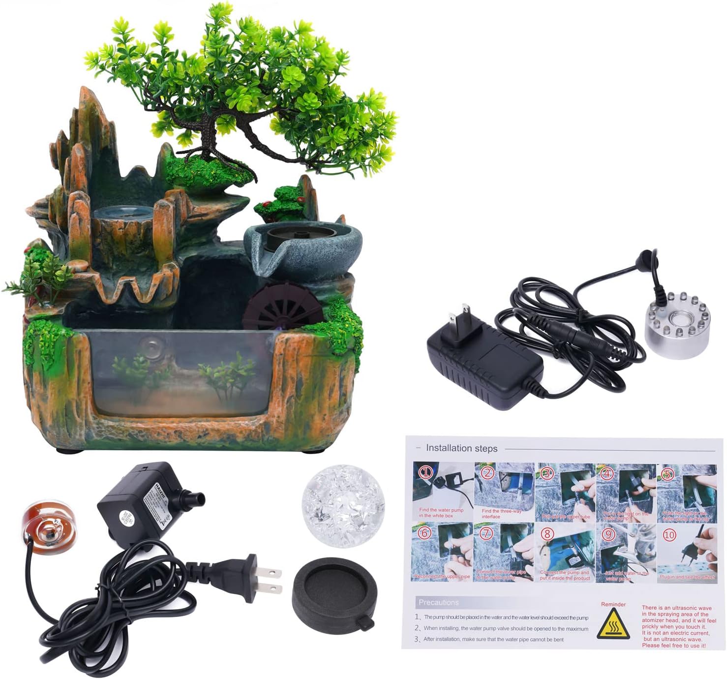 10 Inch Bonsai Tree Water Fountain with LED Light and Atomizer