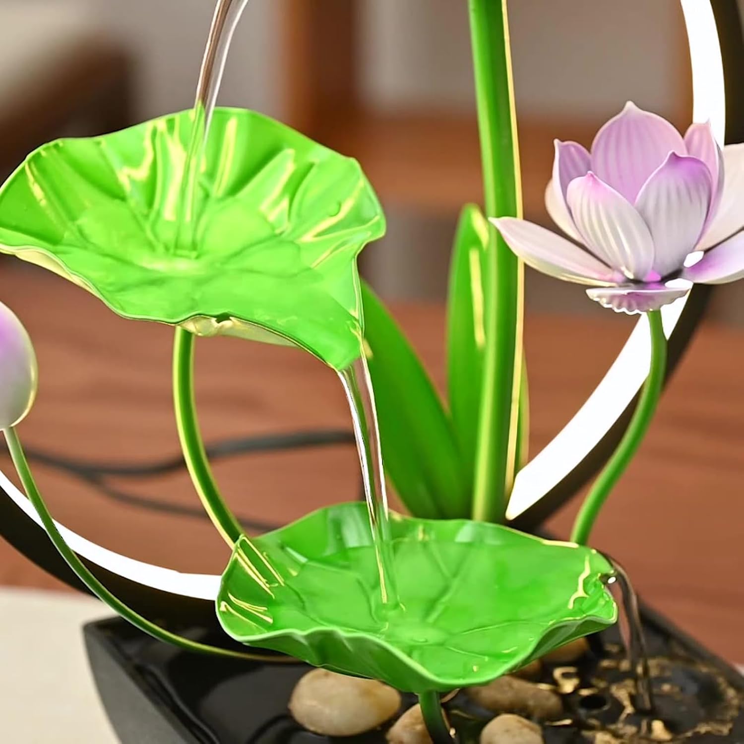 Tabletop Fountain with Light Ring and Lotus Design