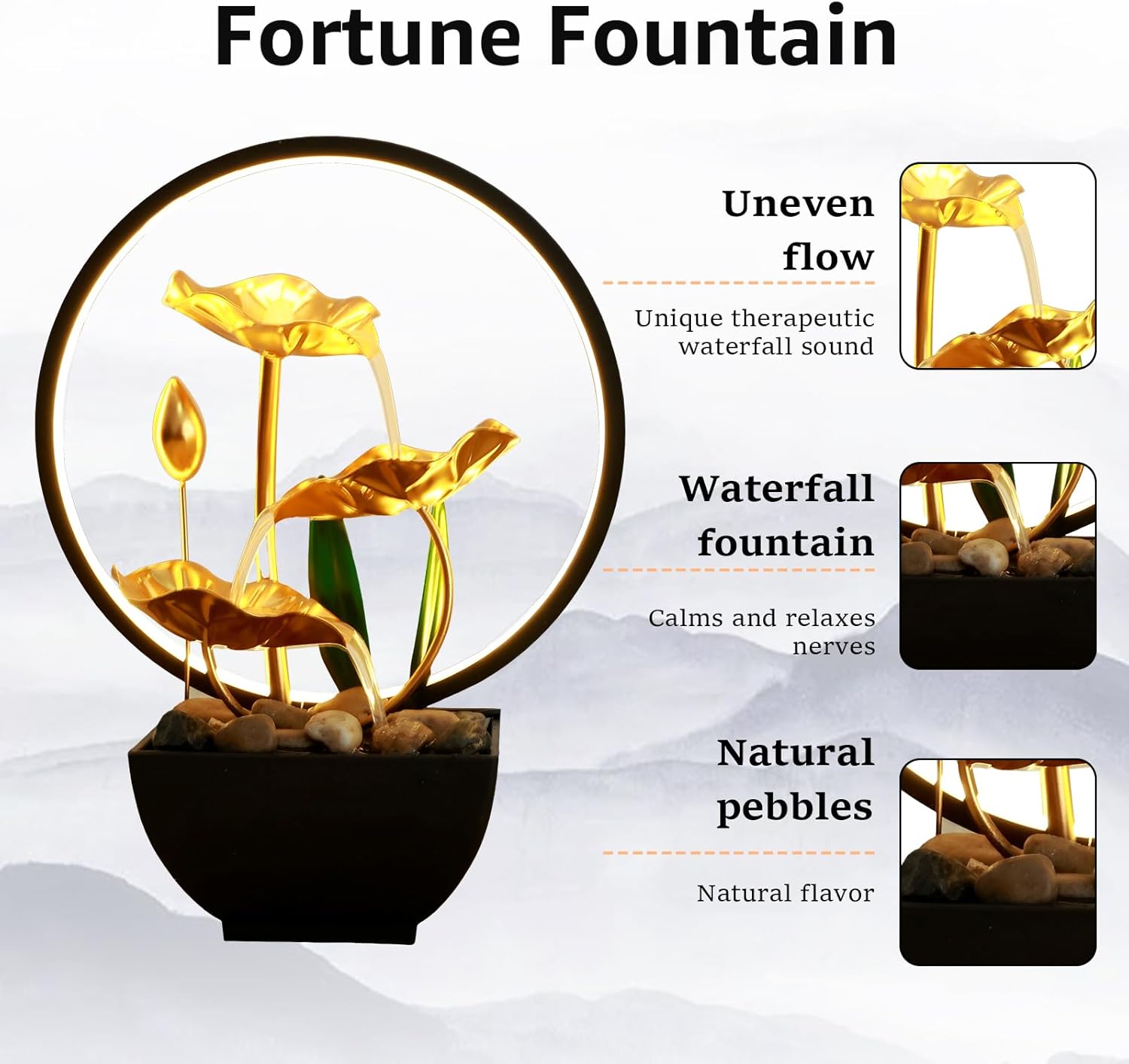 USB Powered Tabletop Water Fountain with LED Lights and Natural Rocks