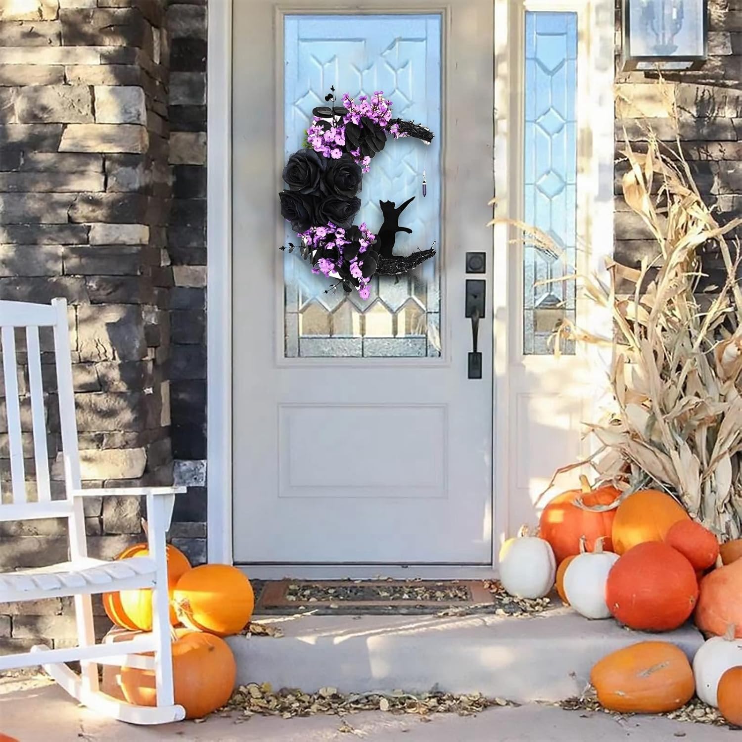 Halloween Wreath with Black Cat and Purple Roses