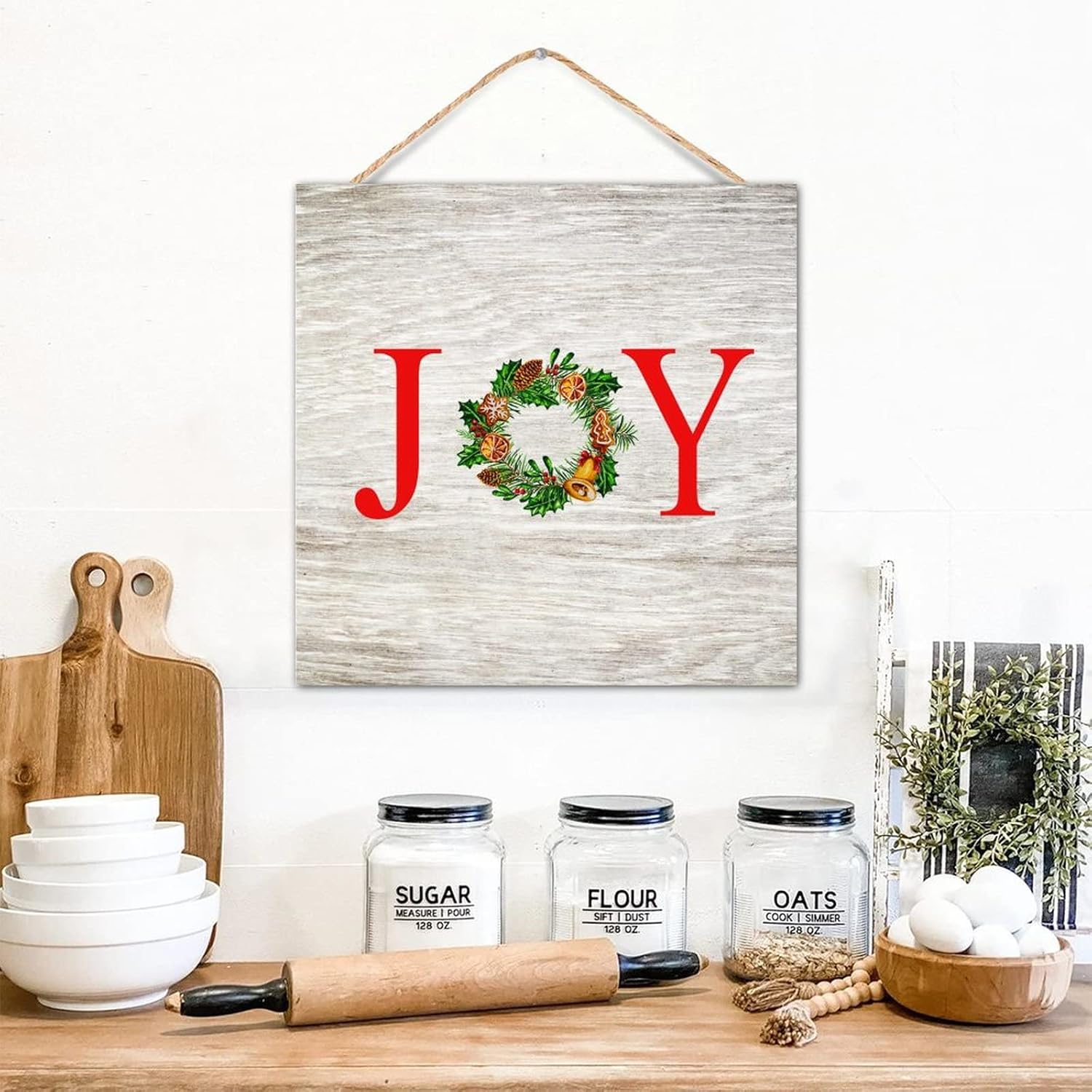 CustonCares Joy Christmas Flowers Wreath Wooden Sign