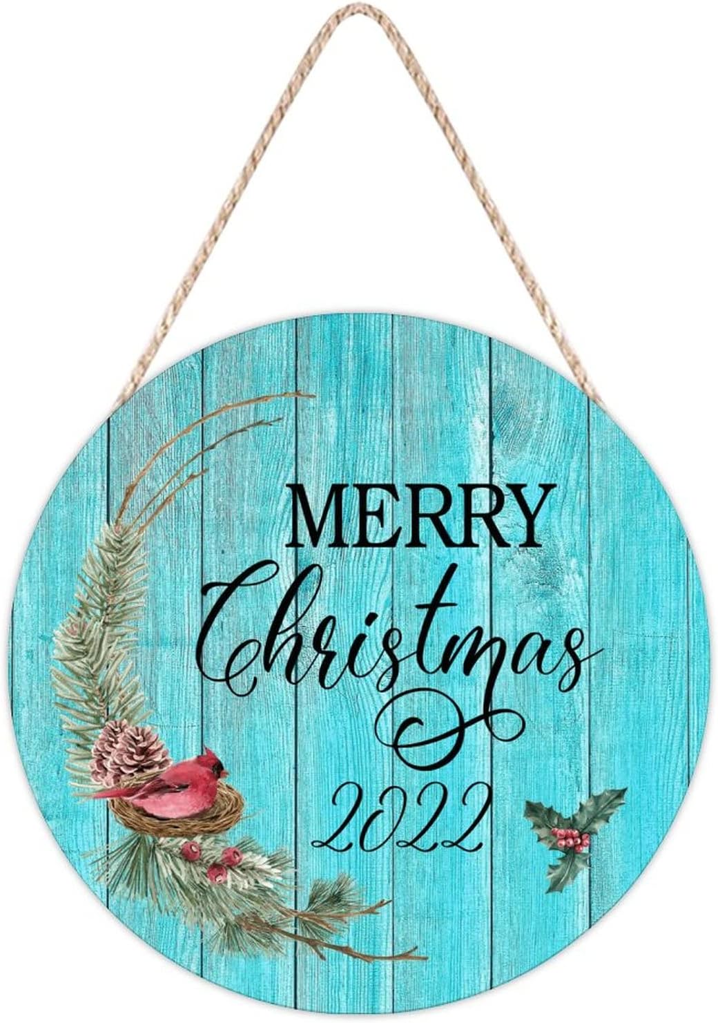 Farmhouse Front Door Hanger Red Bird Wreath Christmas Wood Sign 10x10in