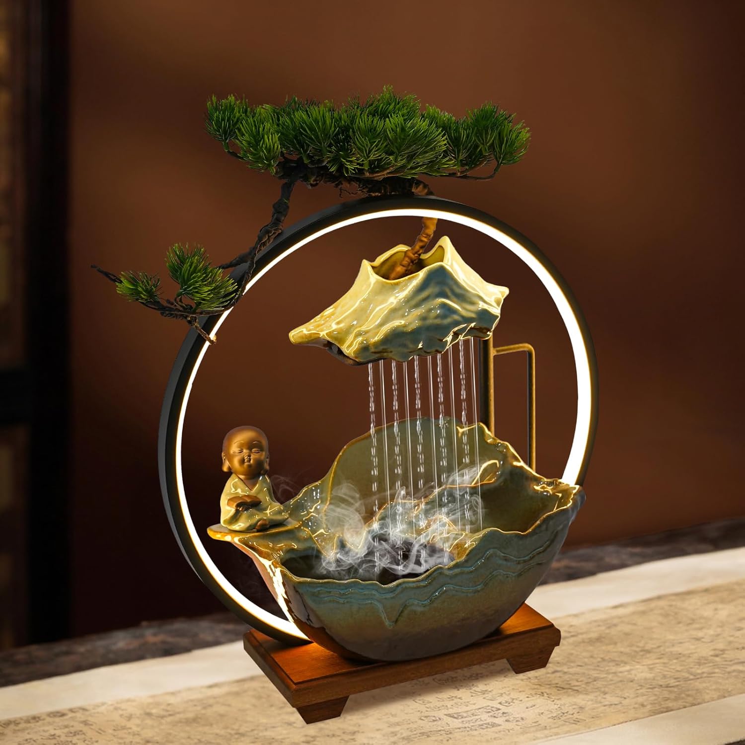 WUSILILU Tabletop Water Fountain with LED Mist Desk Decor