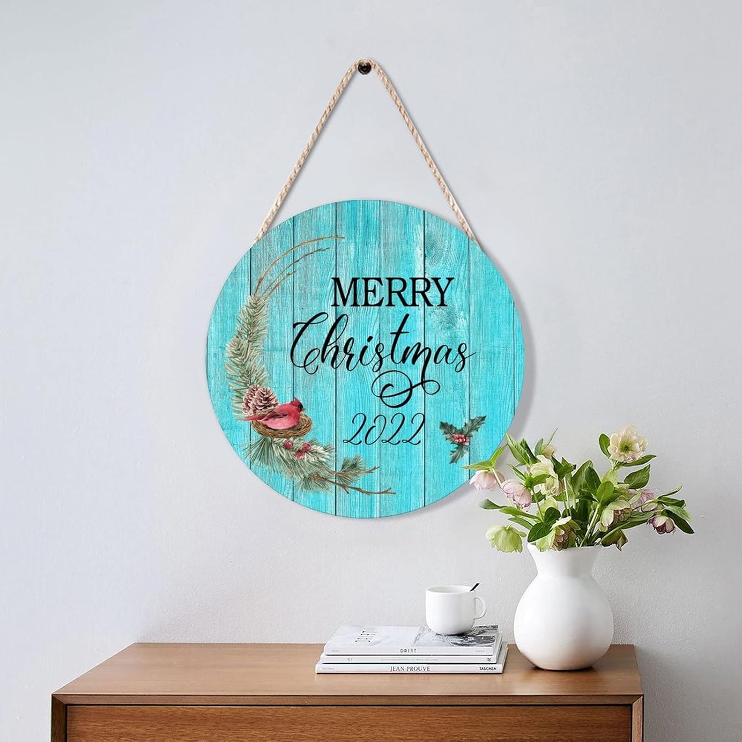 Farmhouse Front Door Hanger Red Bird Wreath Christmas Wood Sign 10x10in