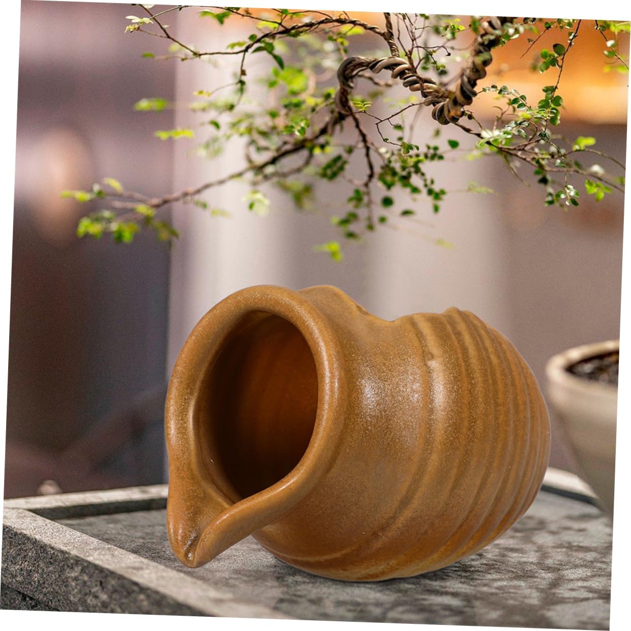 Classic Yellow Tabletop Fountain Ceramic Water Jar Indoor Zen Decor