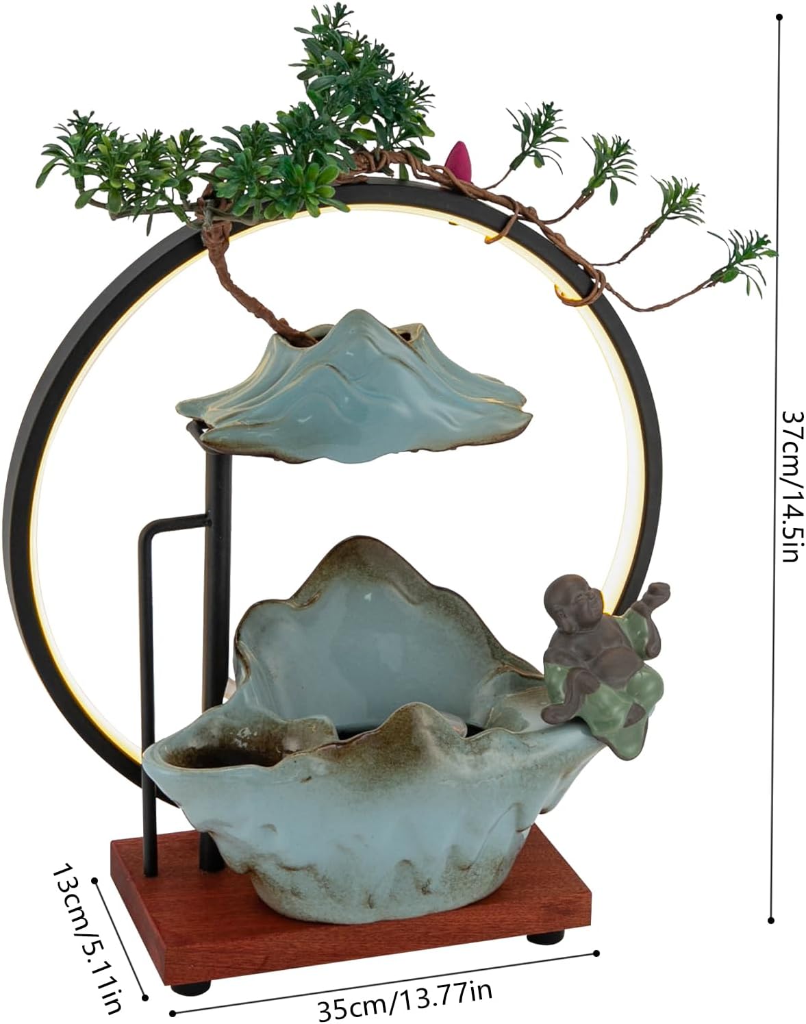 Indoor Tabletop Waterfall with LED Light and Artificial Plants