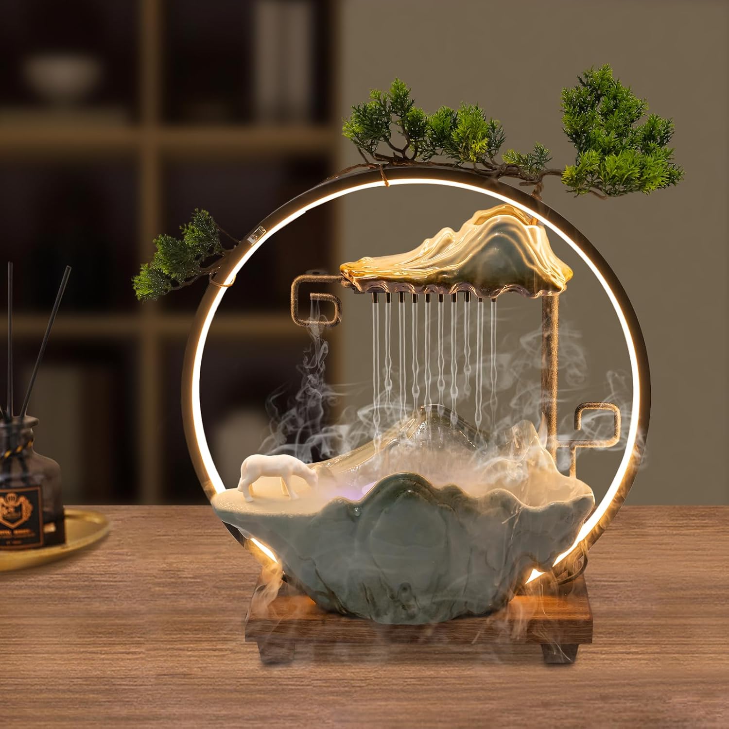 PROYONGOO Indoor Waterfall Fountain with LED Light and Artificial Plant