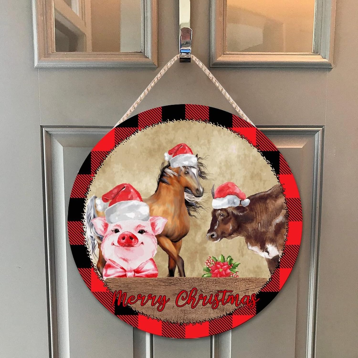 Farmhouse Door Hanger with Santa Hat and Farm Animals