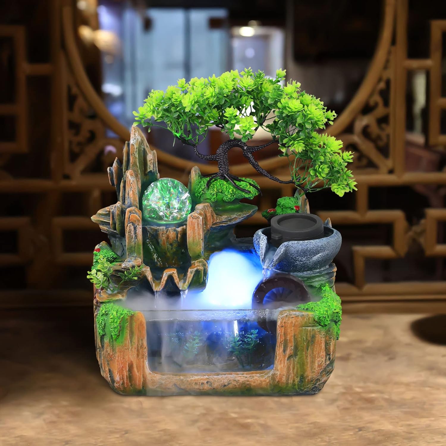 10 Inch Bonsai Tree Water Fountain with LED Light and Atomizer