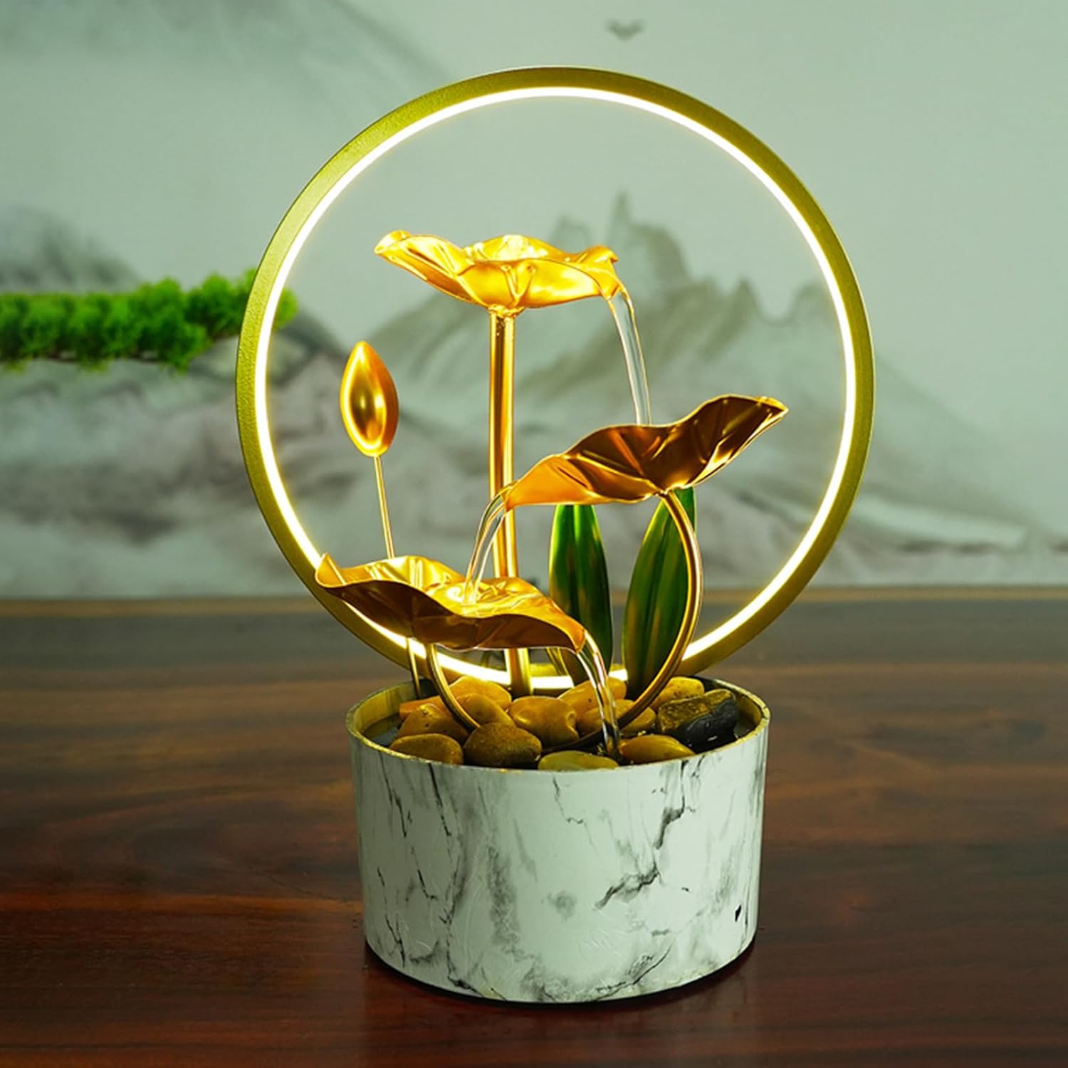 White Tabletop Fountain Indoor Metal Lotus Leaf Decor