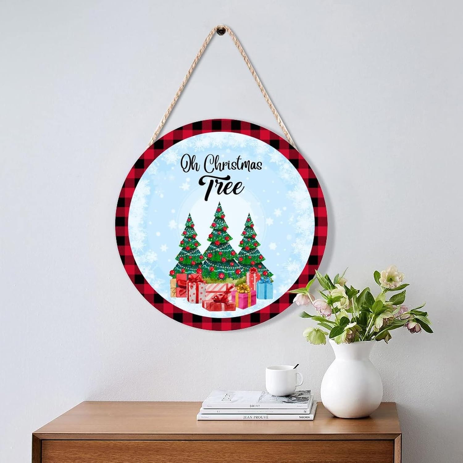 Farmhouse Door Hanger 12x12in Wood Sign Snowflake Christmas Tree
