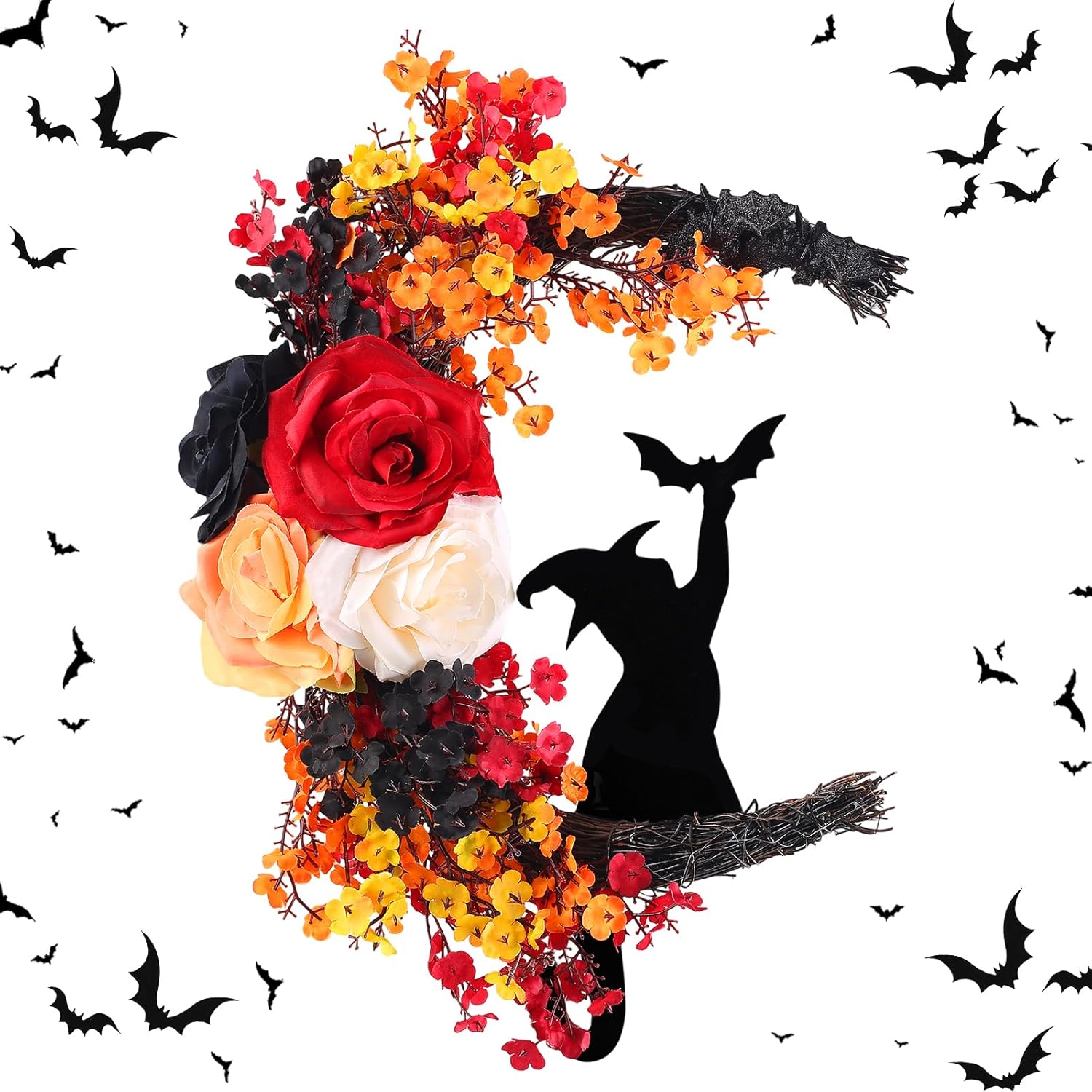 2025 Halloween Door Wreath Black Cat and White Rose