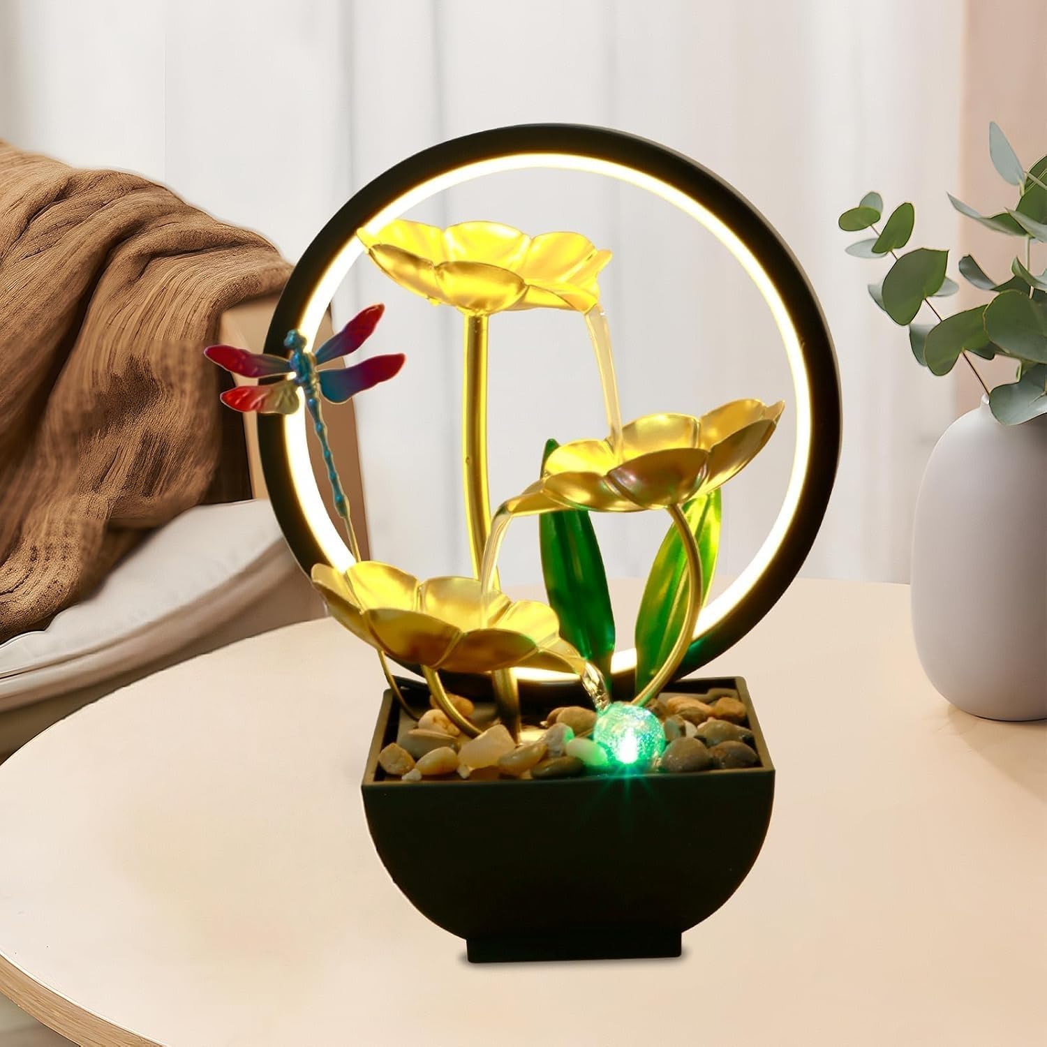 Huniruyo Tabletop Water Fountain with LED Ring Light