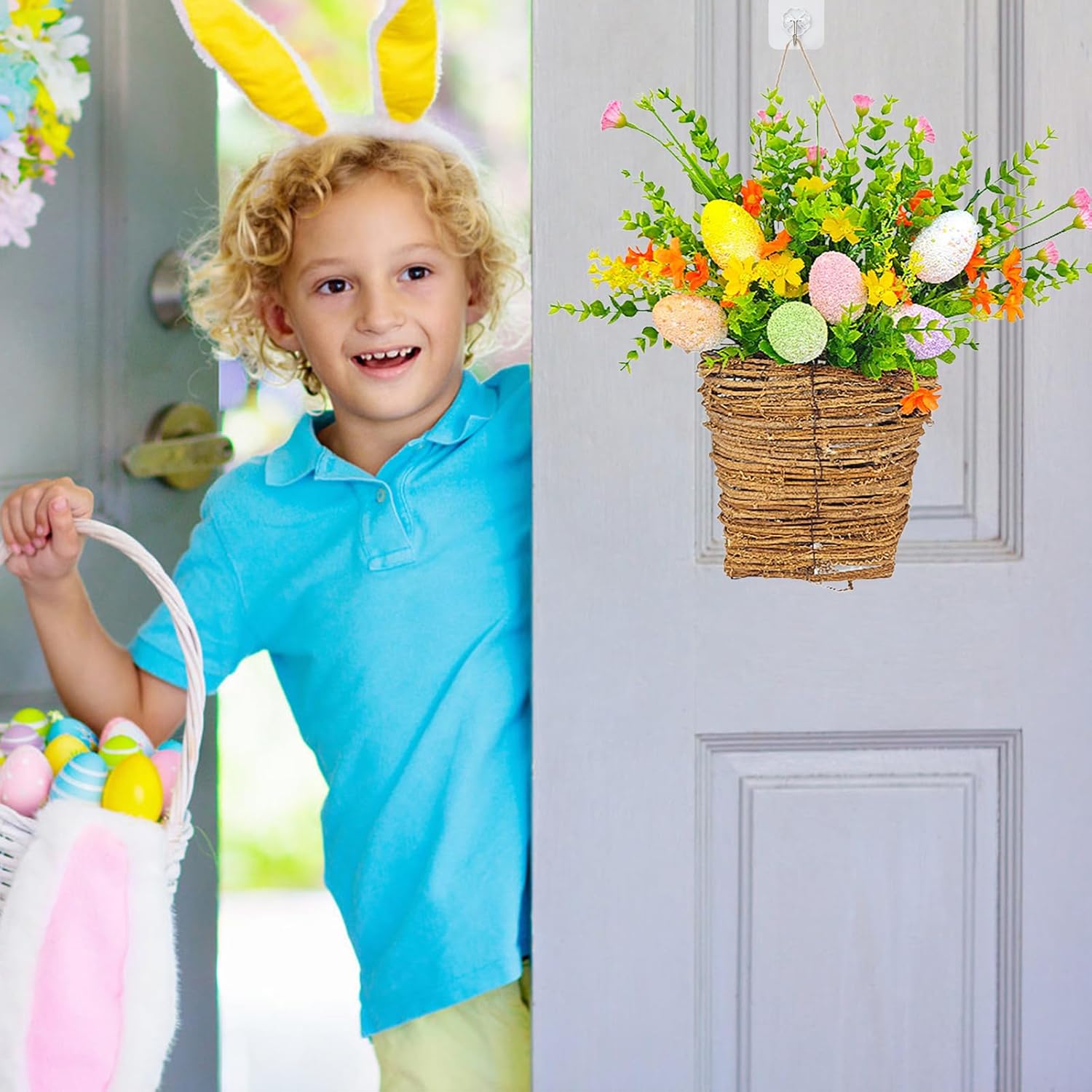 Spring Door Wreath with Wildflowers and Easter Eggs