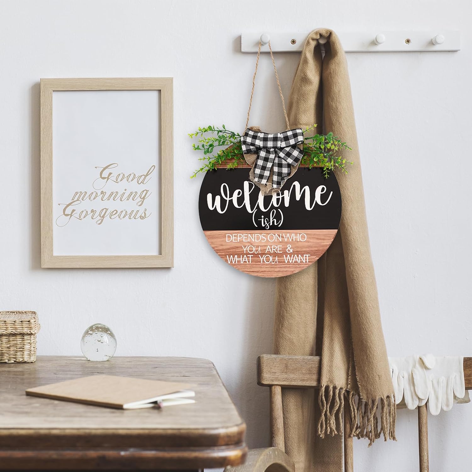 Front Door Decorations Welcome Wreaths with Green Plants and Plaid Ribbons