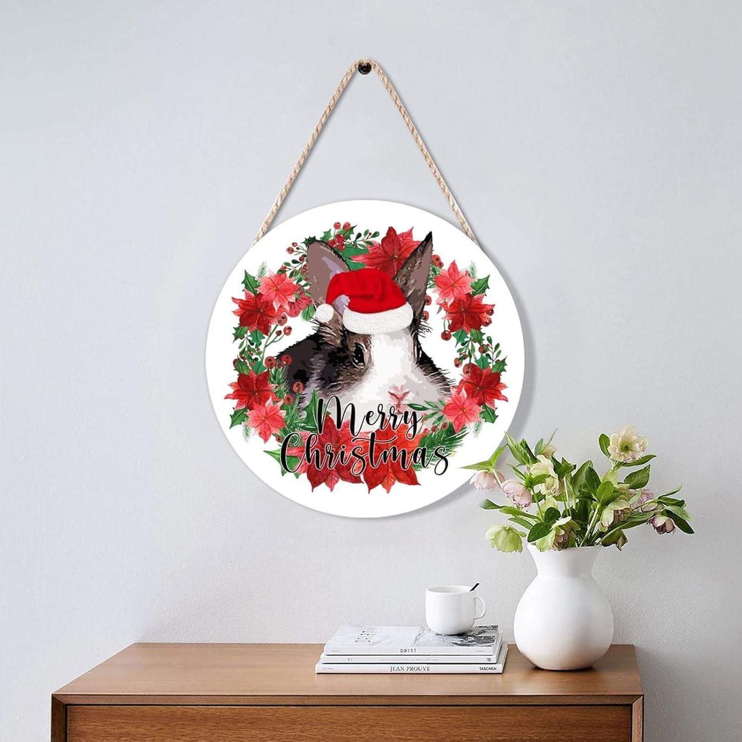Cute Christmas Rabbit Door Hanger with Holly Wreath
