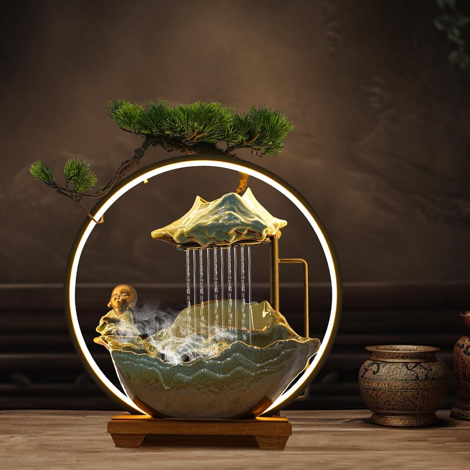 Cute Monk Statue Waterfall Humidifier with LED Light and Atomizer Mist