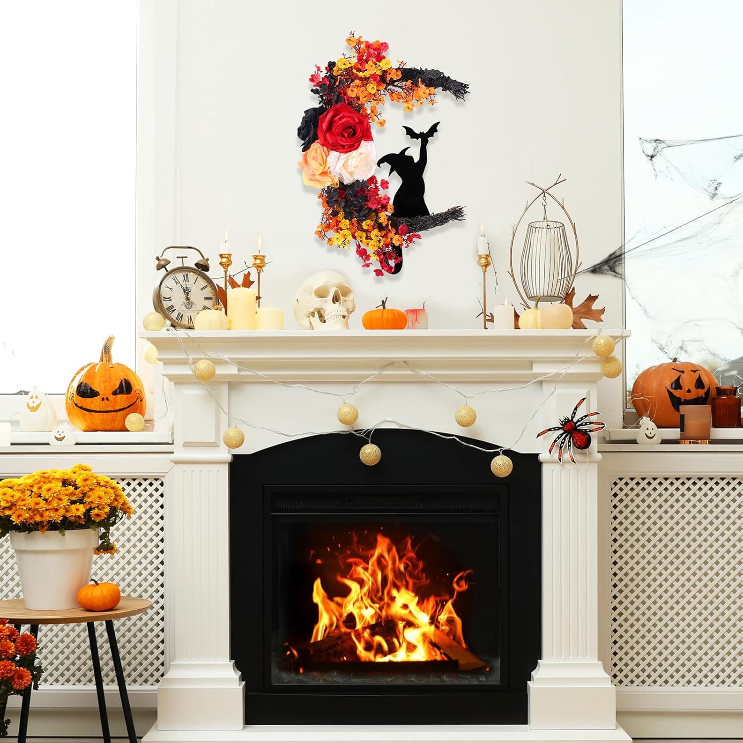 2025 Halloween Door Wreath Black Cat and White Rose