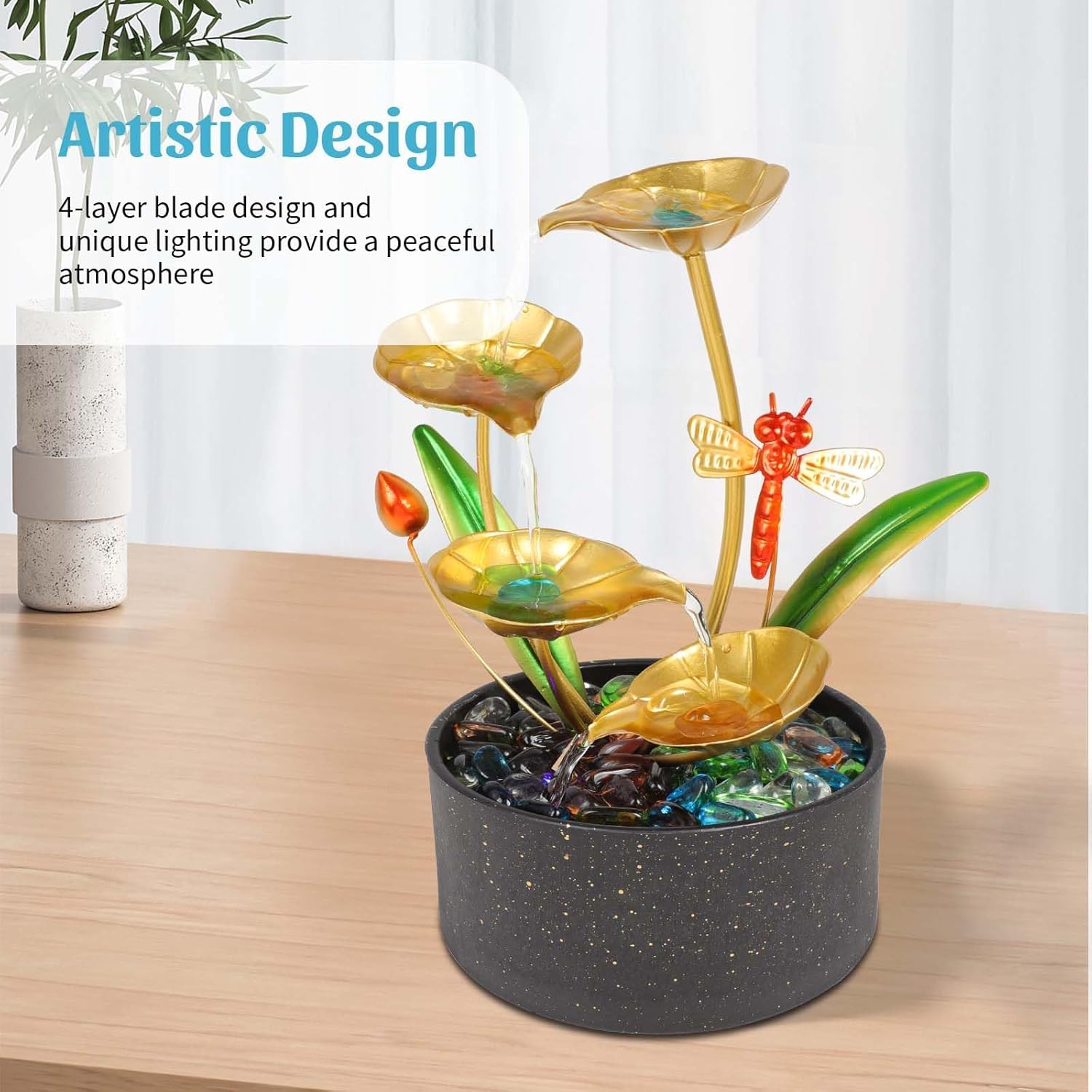 Bocnity 4 Tier Lotus Fountain with LED Lights and Crystals