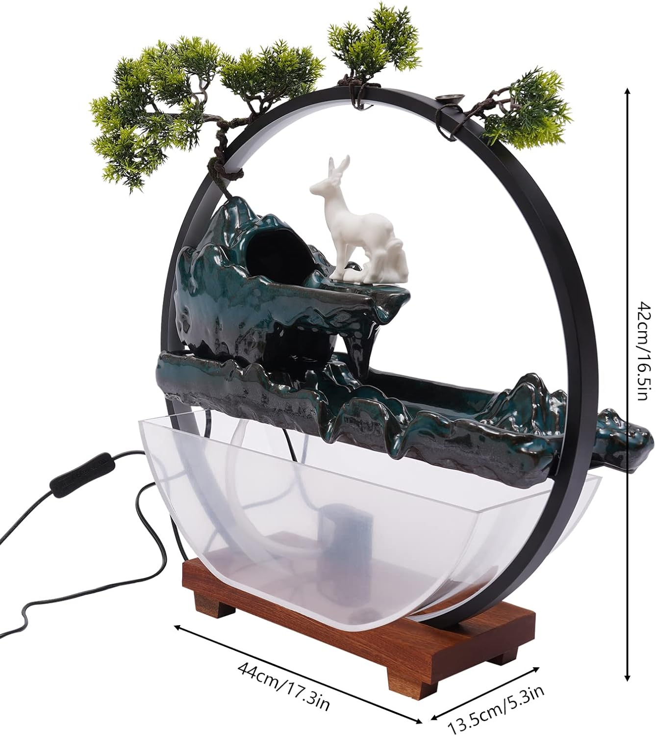 Tabletop Fountain with LED Light Loop Deer and Fish Decor