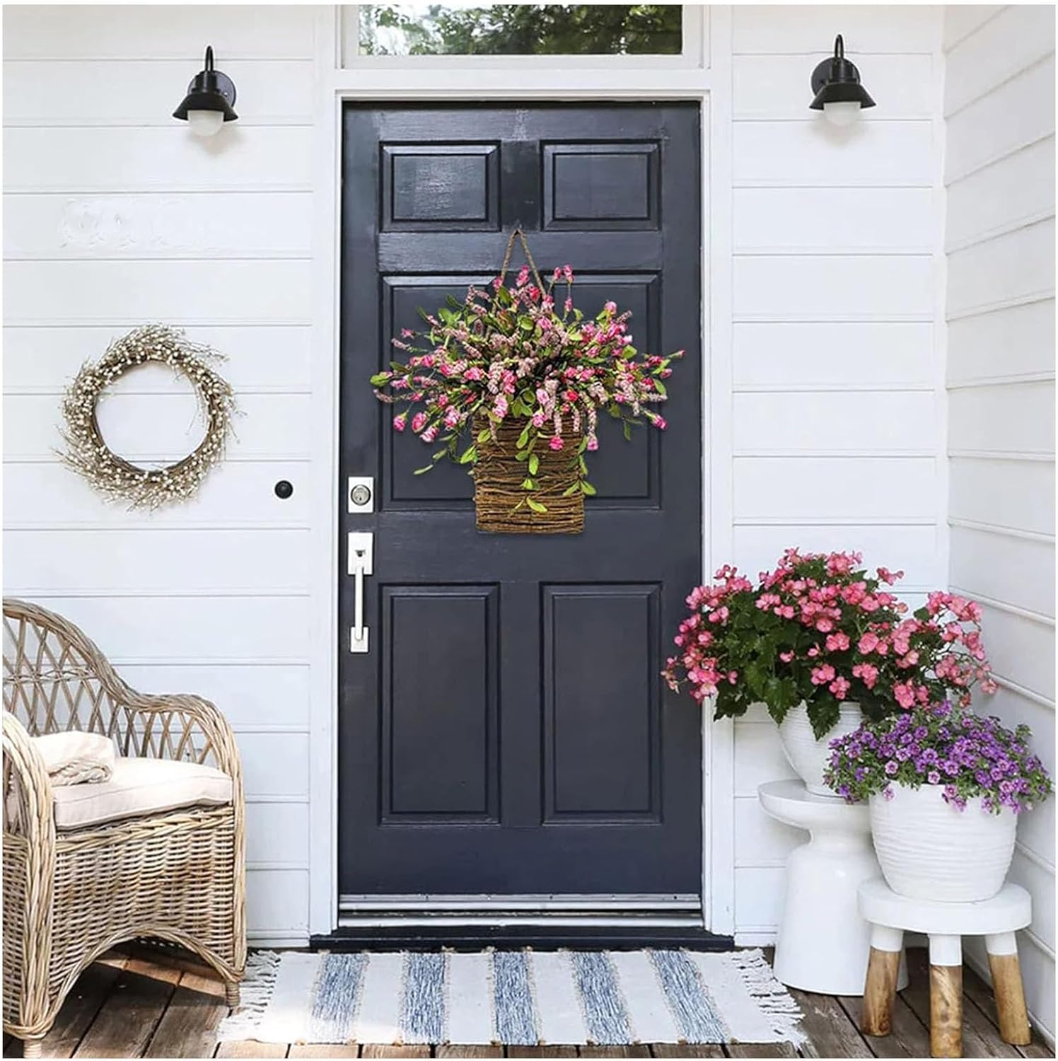Cream Hydrangea Door Wreath with Rattan Basket