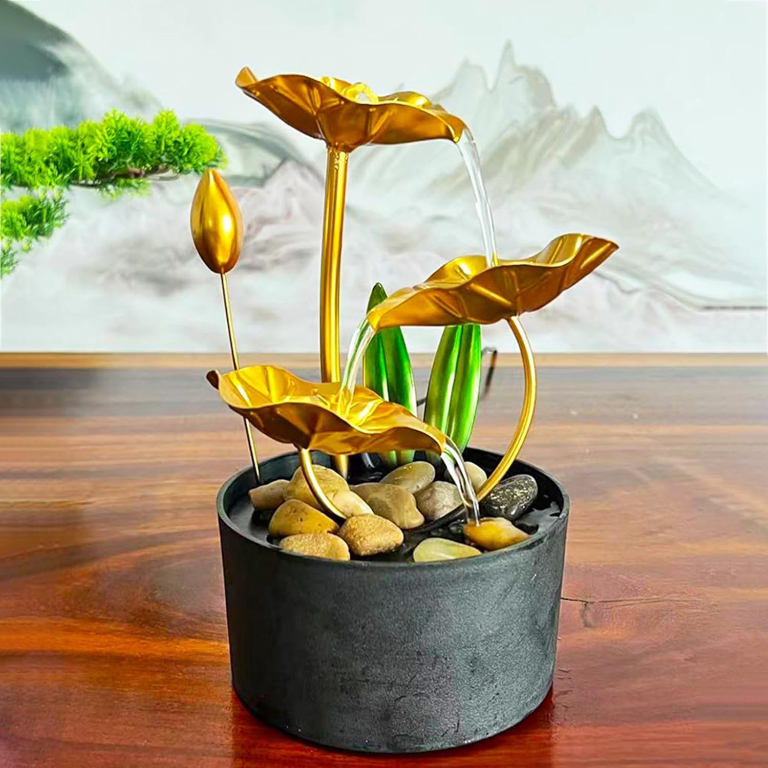 White Tabletop Fountain Indoor Metal Lotus Leaf Decor