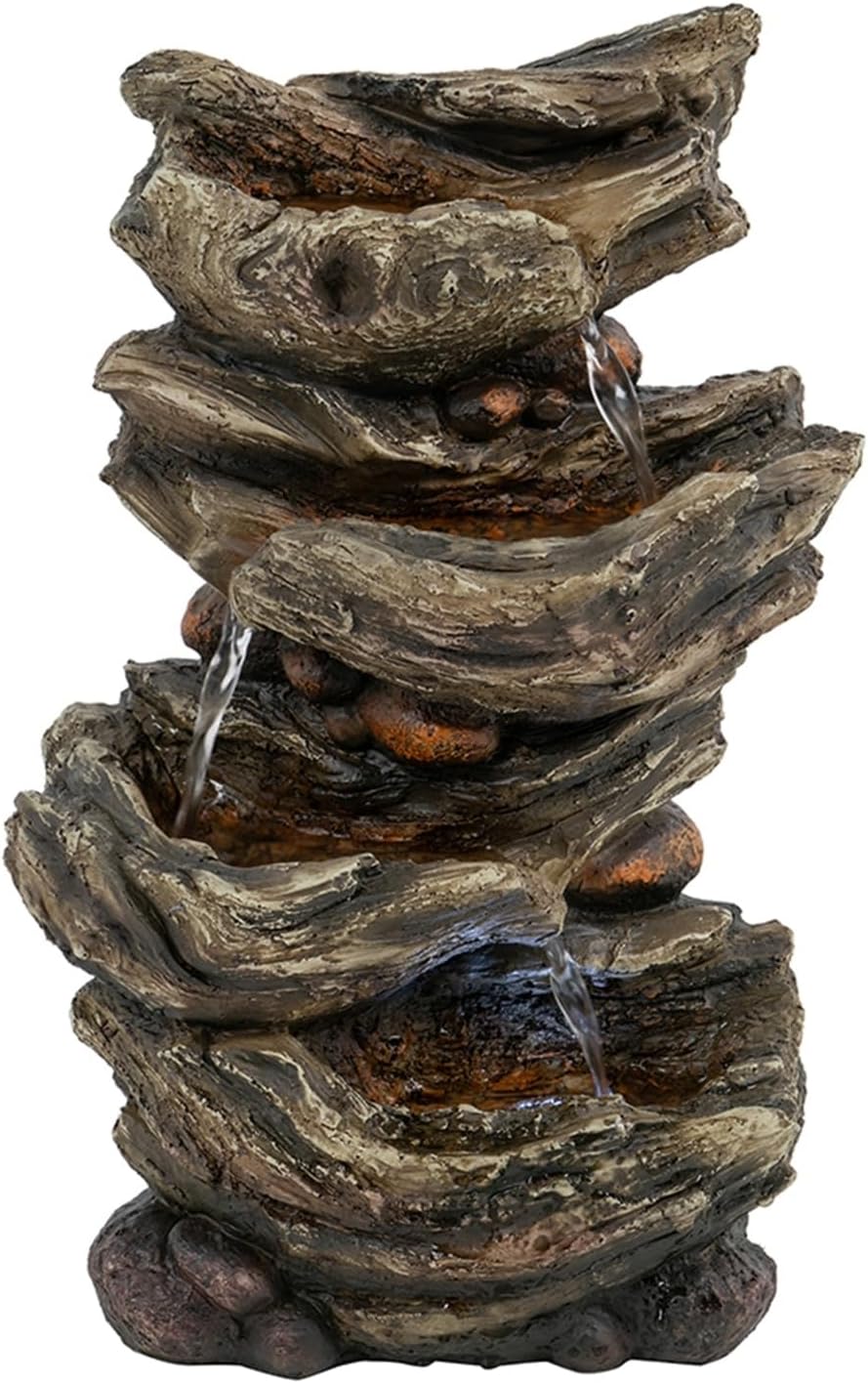 BGTR 9x5x14 Indoor Brown Wood-Look Water Fountain with 4-Tier Polyresin Cascading Design