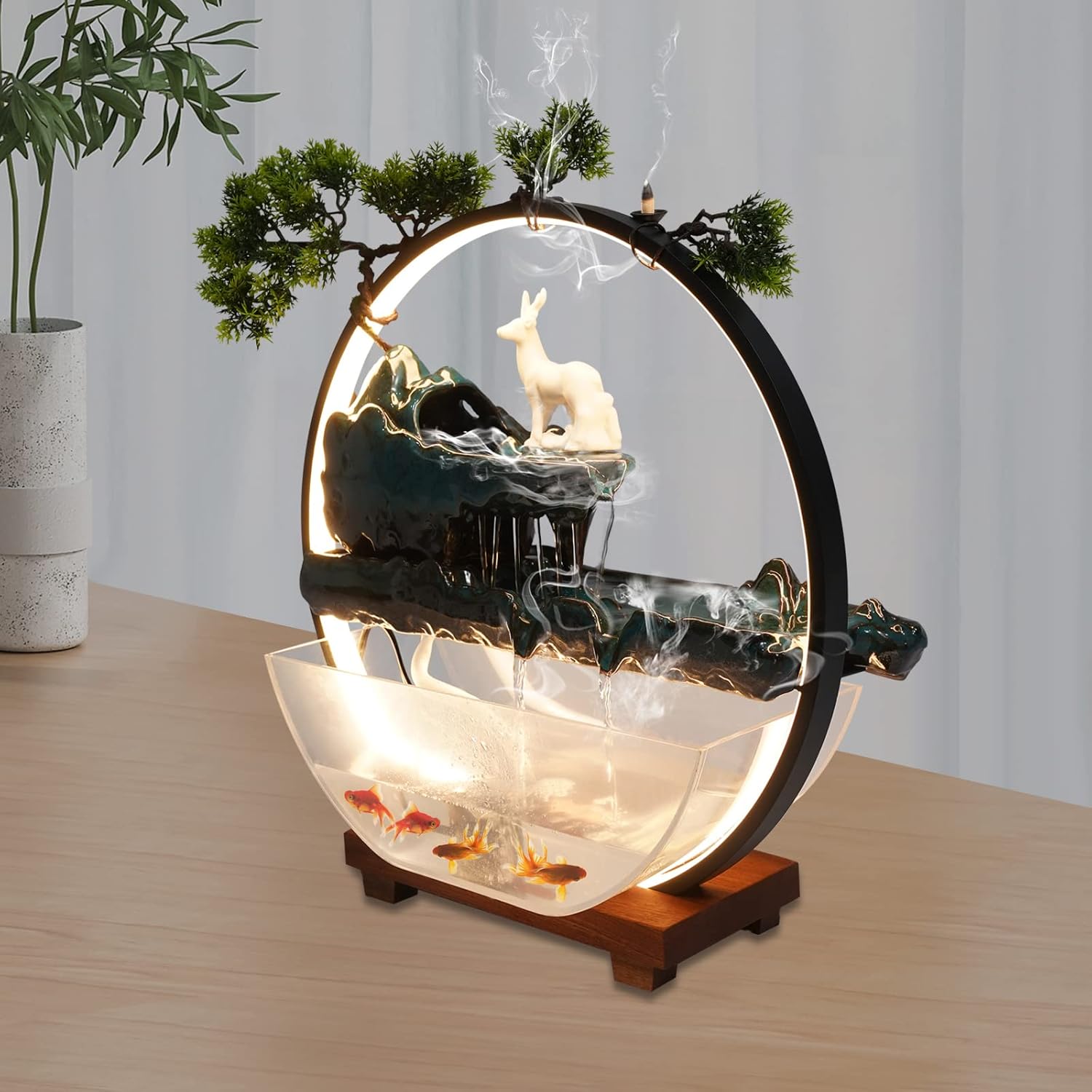 Tabletop Fountain with LED Light Loop Deer and Fish Decor