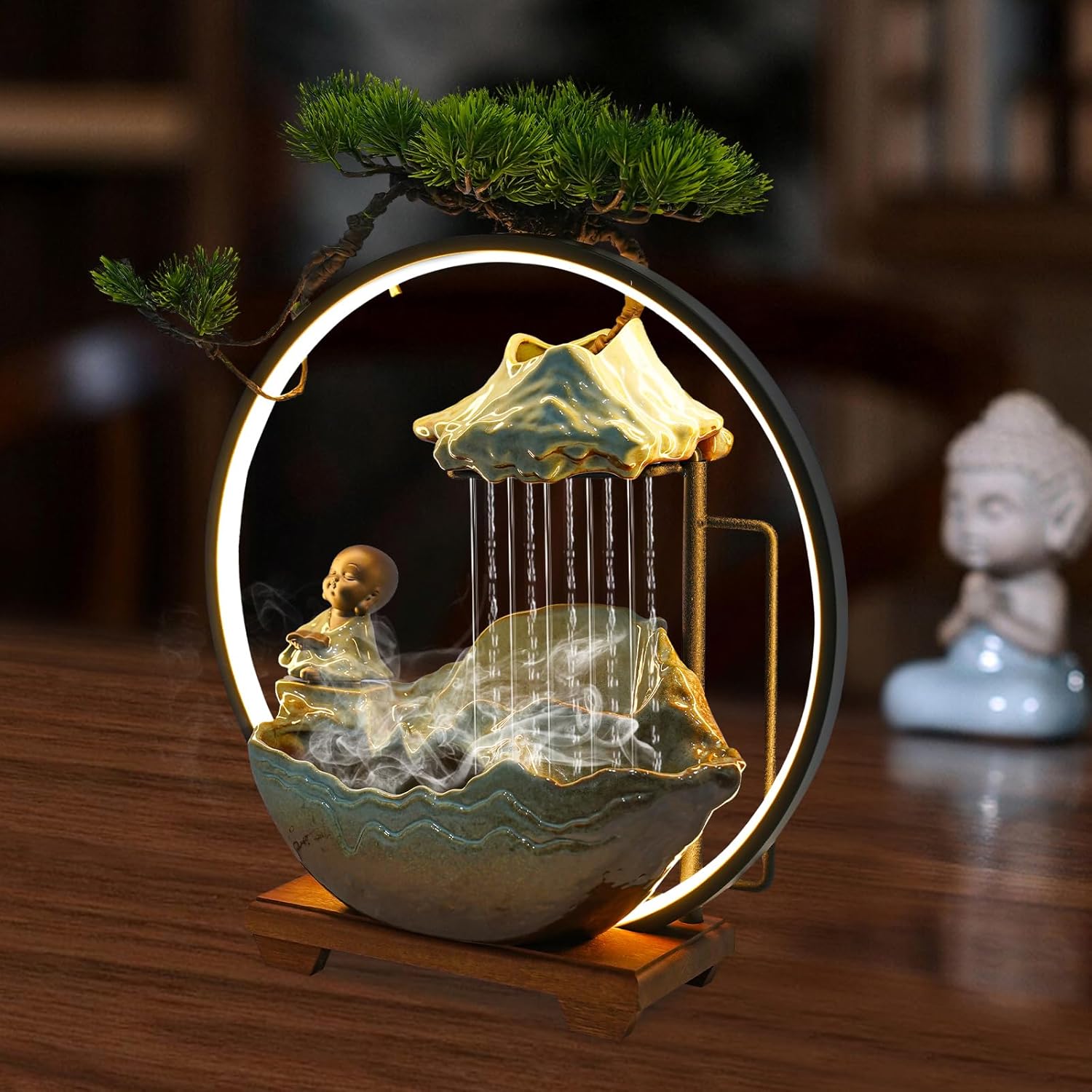 Cute Monk Statue Waterfall Humidifier with LED Light and Atomizer Mist