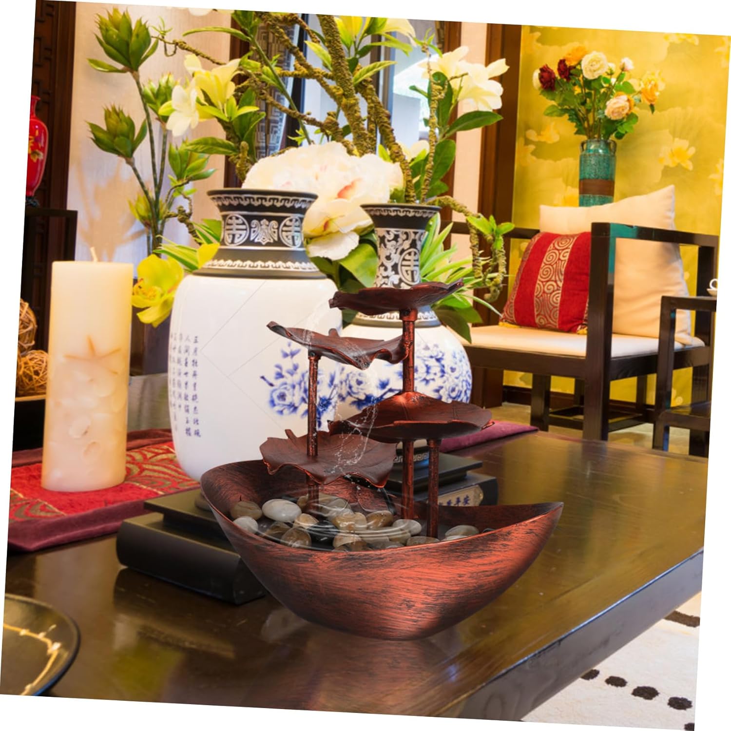 Luxshiny Waterfall Decor Tabletop Fountain with LED Light
