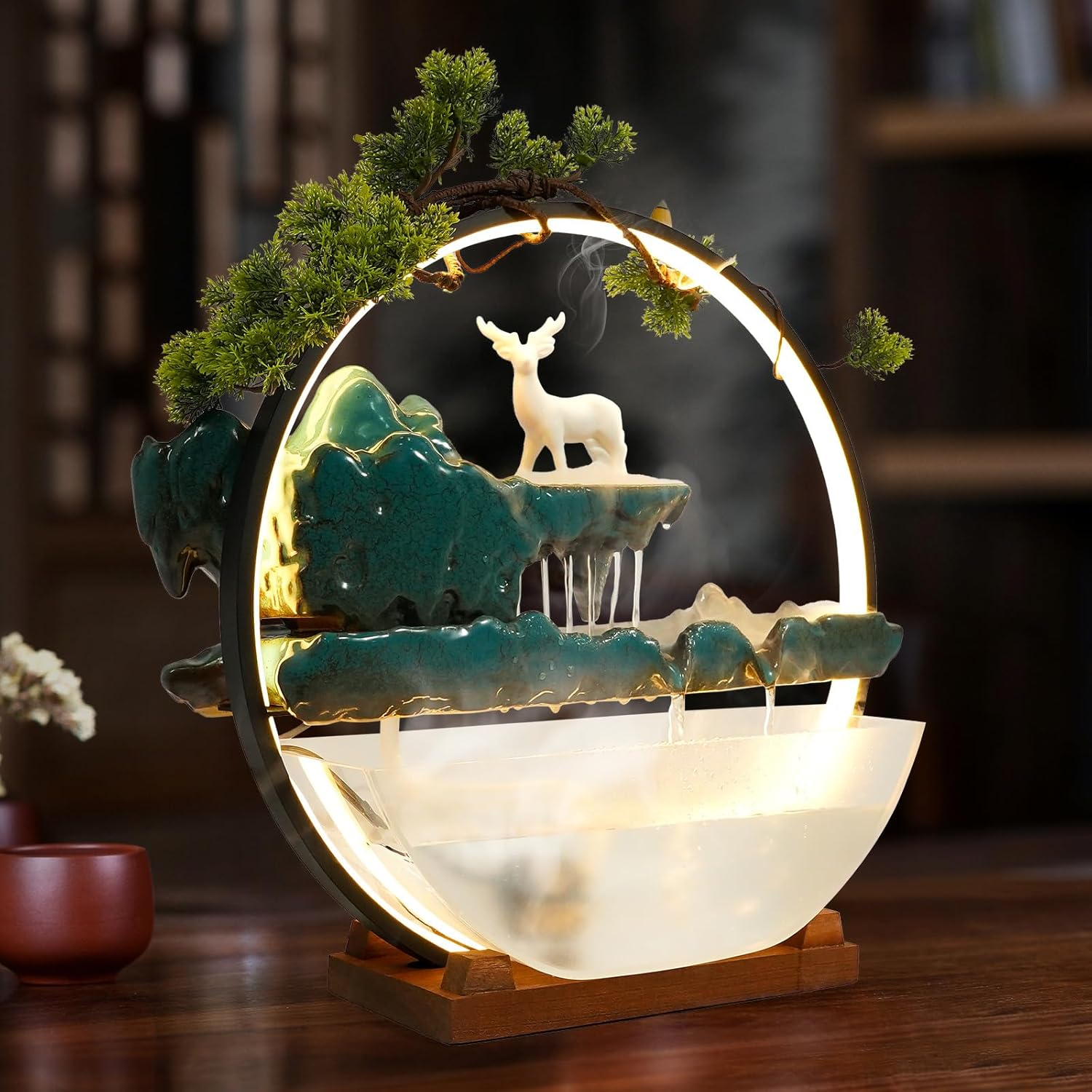Indoor Ceramic Water Fountain with Mist LED Light and Atomization Effect